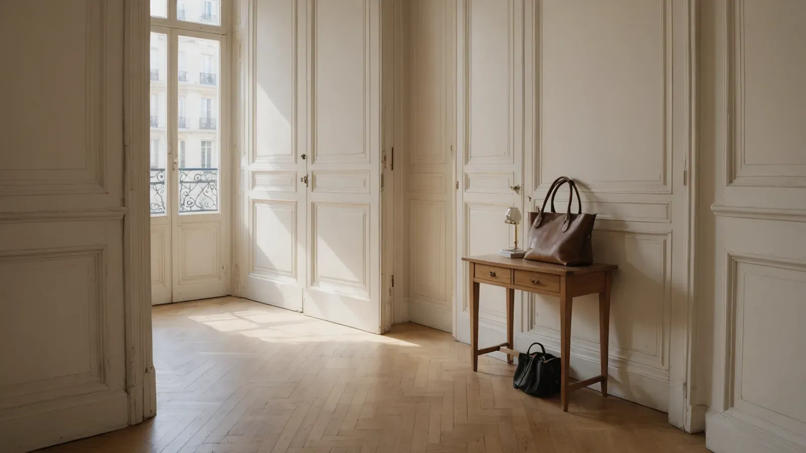 Entrée lumineuse d'un appartement haussmannien à Paris au matin, un sac en cuir posé sur une console en bois