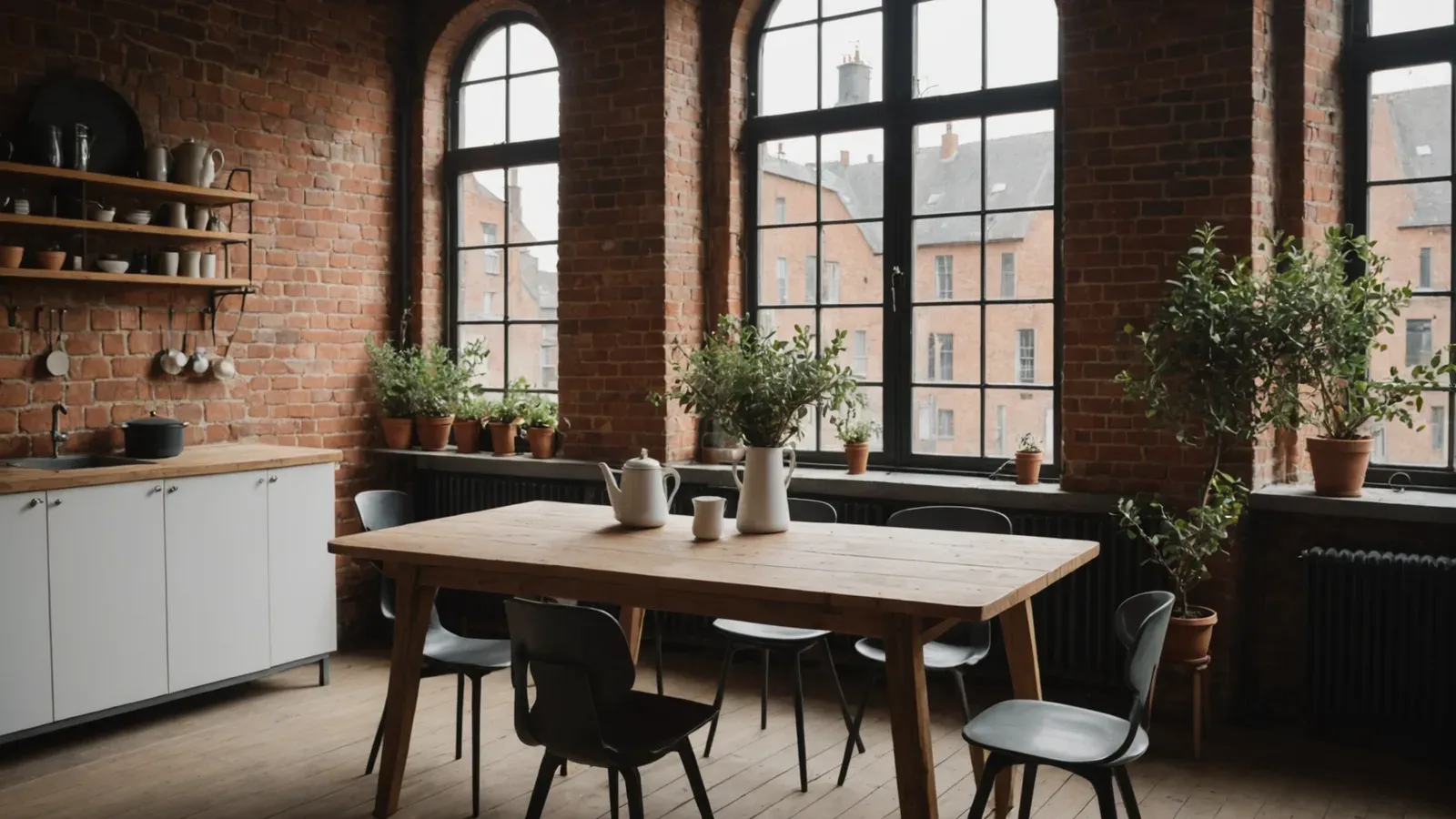 Longue table en bois dans un loft en briques rénové à Lille, cafetière émaillée et pot à lait, plantes en pot aux fenêtres