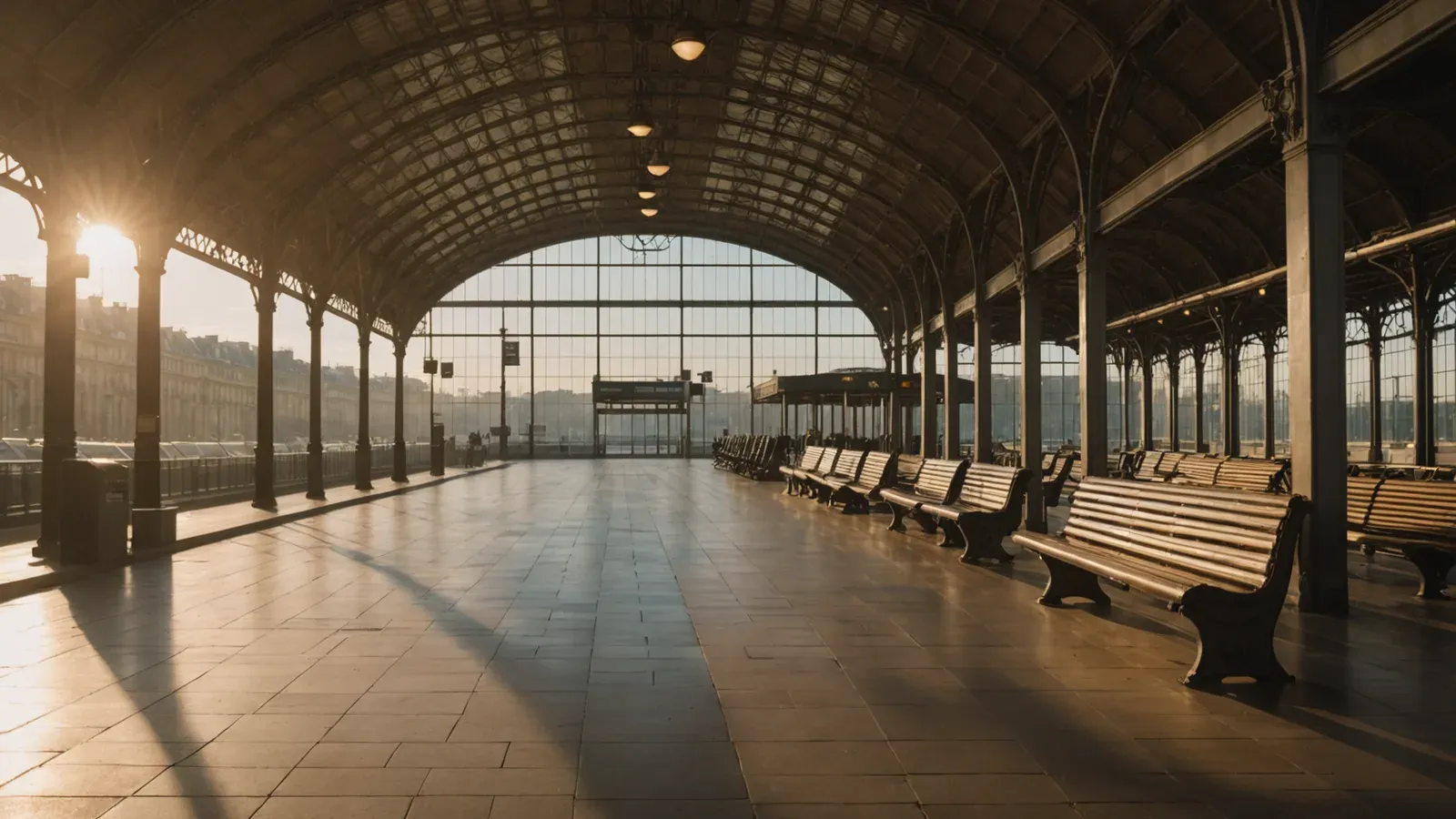 Grand hall d'une gare parisienne sous sa verrière à l'aube, longues rangées de bancs vides dans la lumière dorée