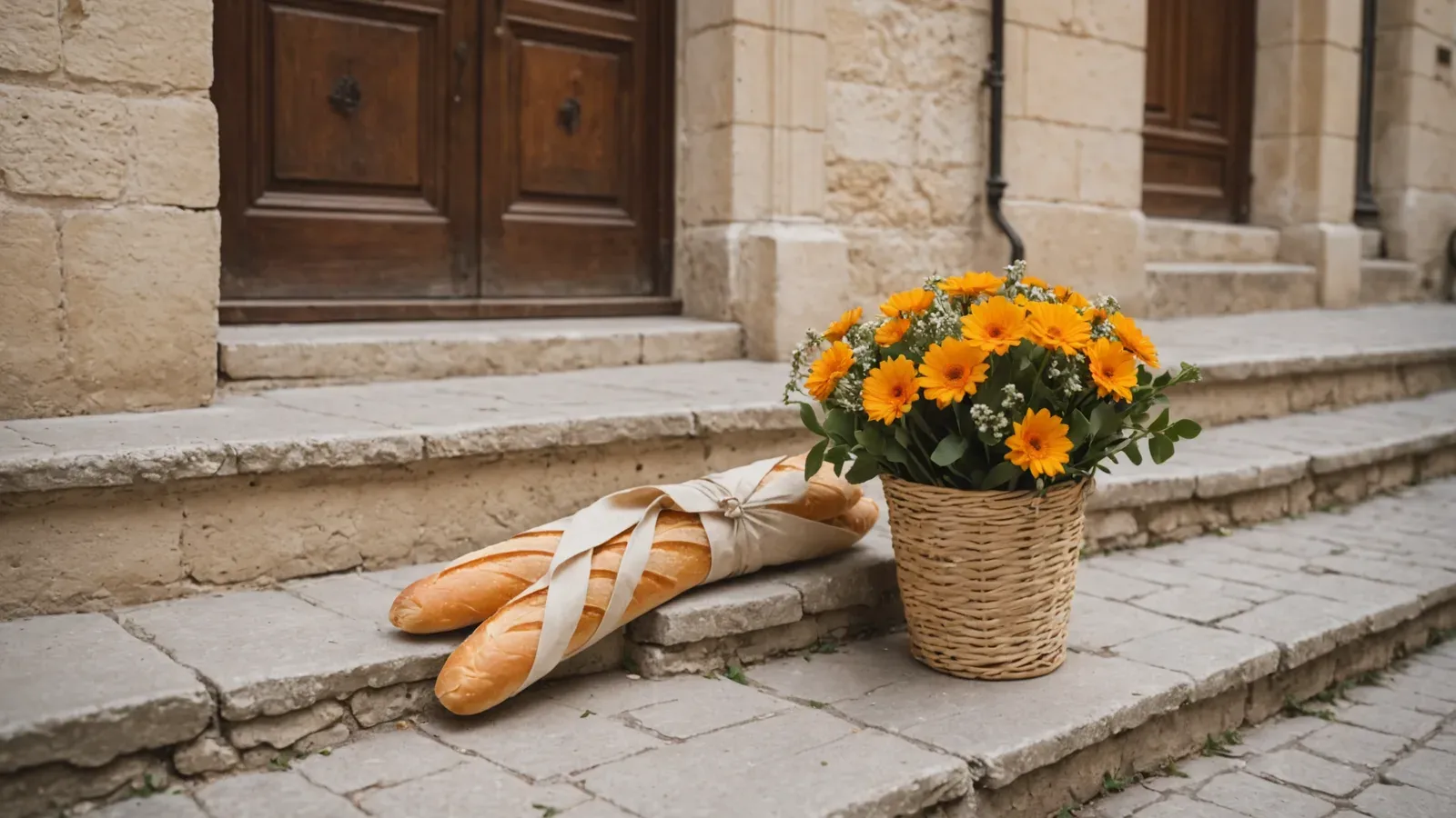 Deux baguettes nouées d'un ruban et un panier de fleurs orange sur les marches d'une ruelle du vieux Montpellier