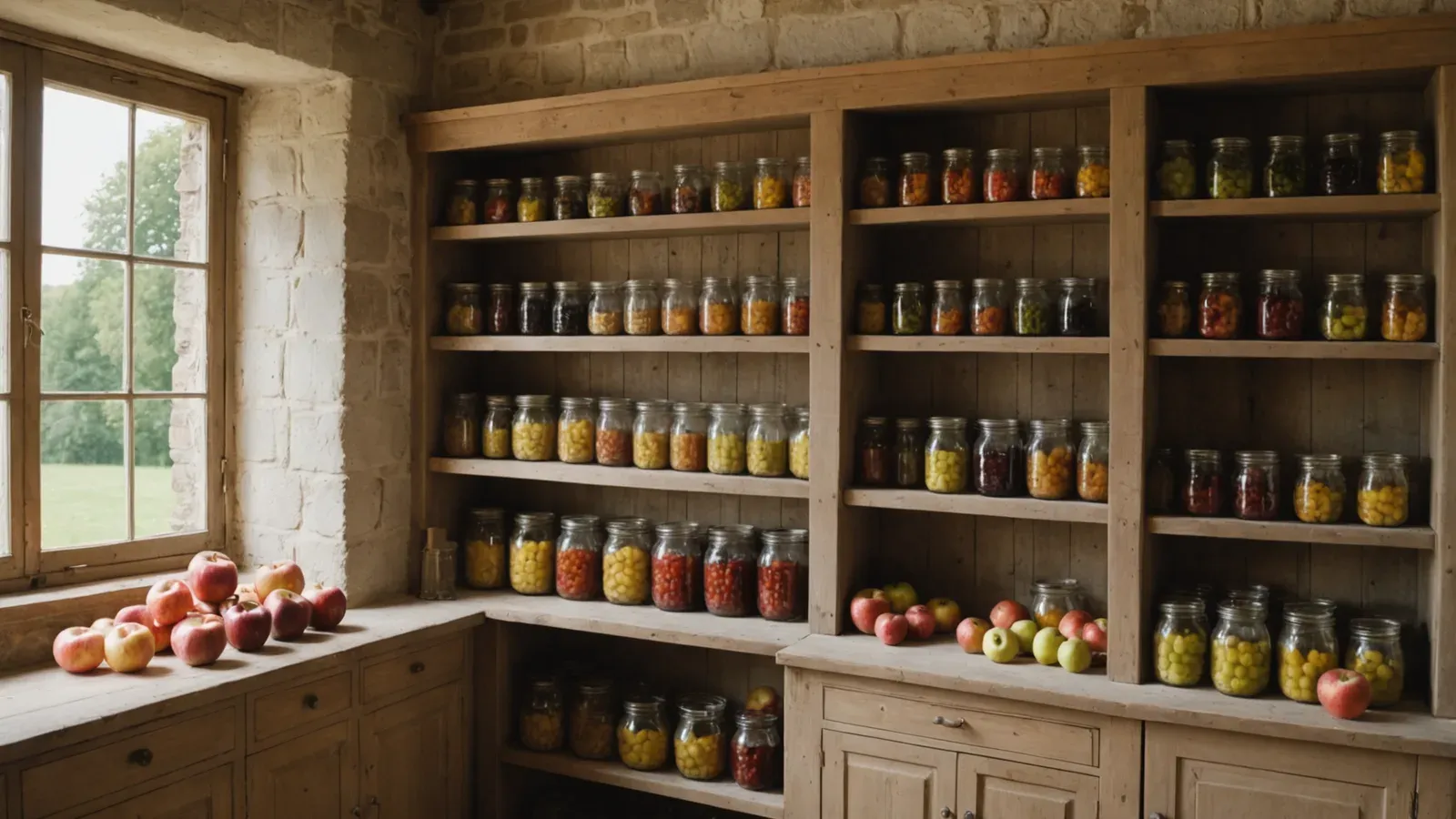 Garde-manger d'une ferme normande, bocaux de conserves et pommes alignés sur des étagères en bois sous une lumière douce