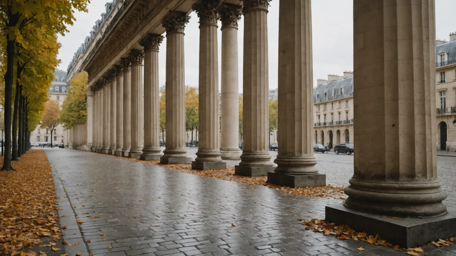 Colonnade néoclassique en pierre dans le centre de Paris par un matin gris d'automne, pavés mouillés et feuilles tombées