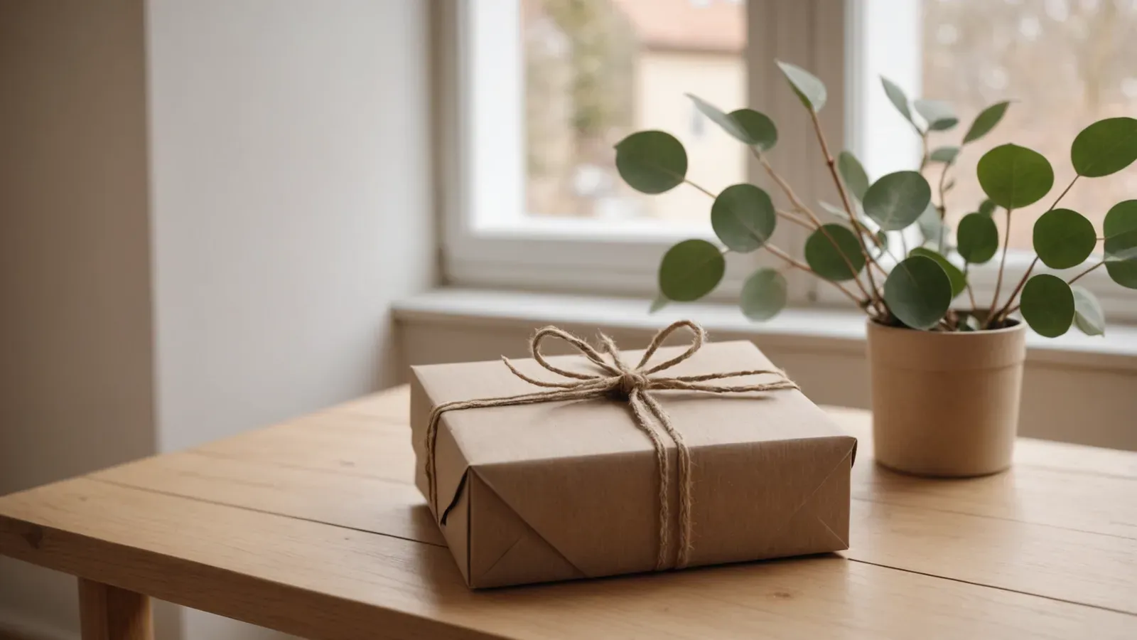 Paquet cadeau en papier kraft noué d'une ficelle sur une table en chêne clair, dans un appartement lumineux de Nantes