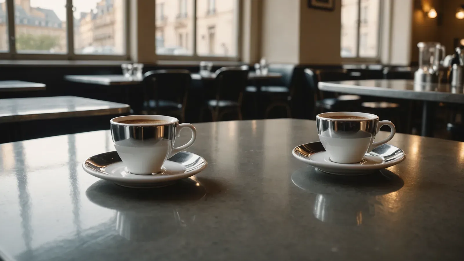 Deux tasses d'espresso posées sur une table en zinc d'un bistrot parisien, dans la lumière douce du matin