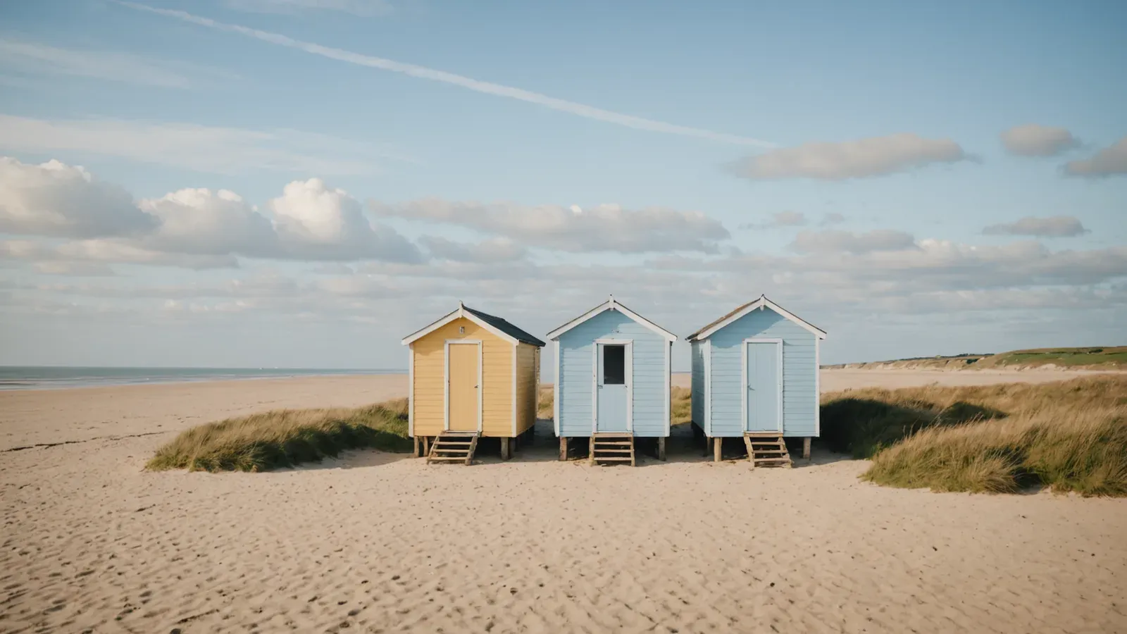 Trois cabines de plage en bois sur une large plage normande, une ocre et deux bleu pâle, sous un vaste ciel clair