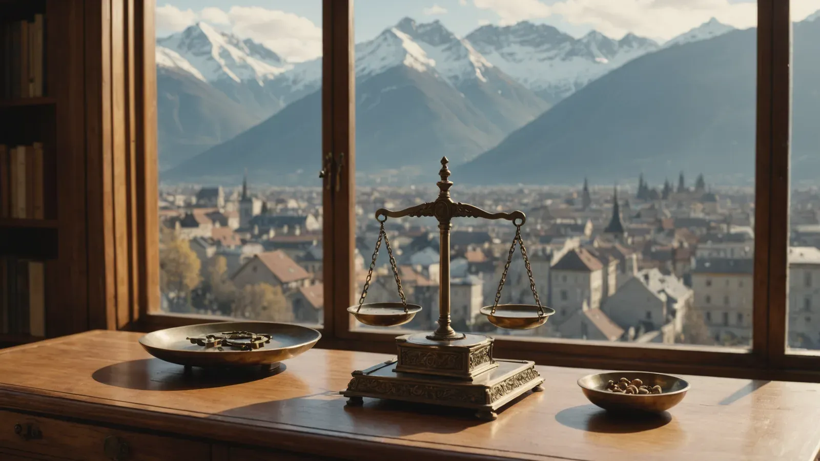 Balance ancienne en laiton aux plateaux à l'équilibre sur un bureau en noyer à Grenoble, montagnes enneigées par la fenêtre