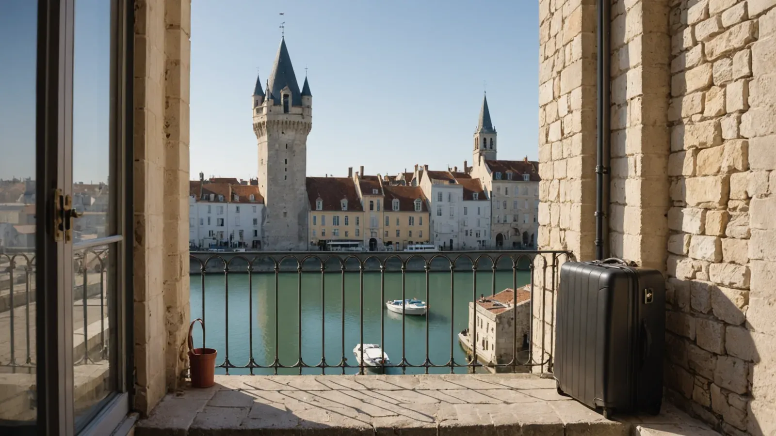 Valise cabine sur le seuil d'une fenêtre ouverte sur le vieux port de La Rochelle et une tour de pierre