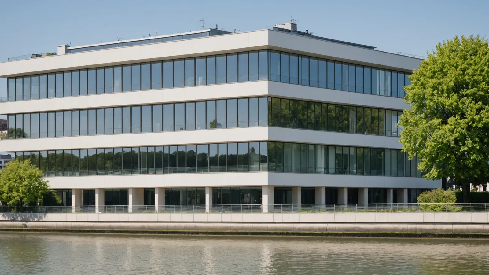 Immeuble de bureaux contemporain au bord de la Seine à Boulogne-Billancourt, façade blanche reflétée dans l'eau au printemps