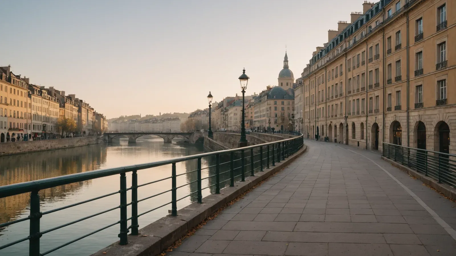 Quai de la Saône à Lyon à l'aube, garde-corps au bord de l'eau, pont de pierre au loin et façades pastel