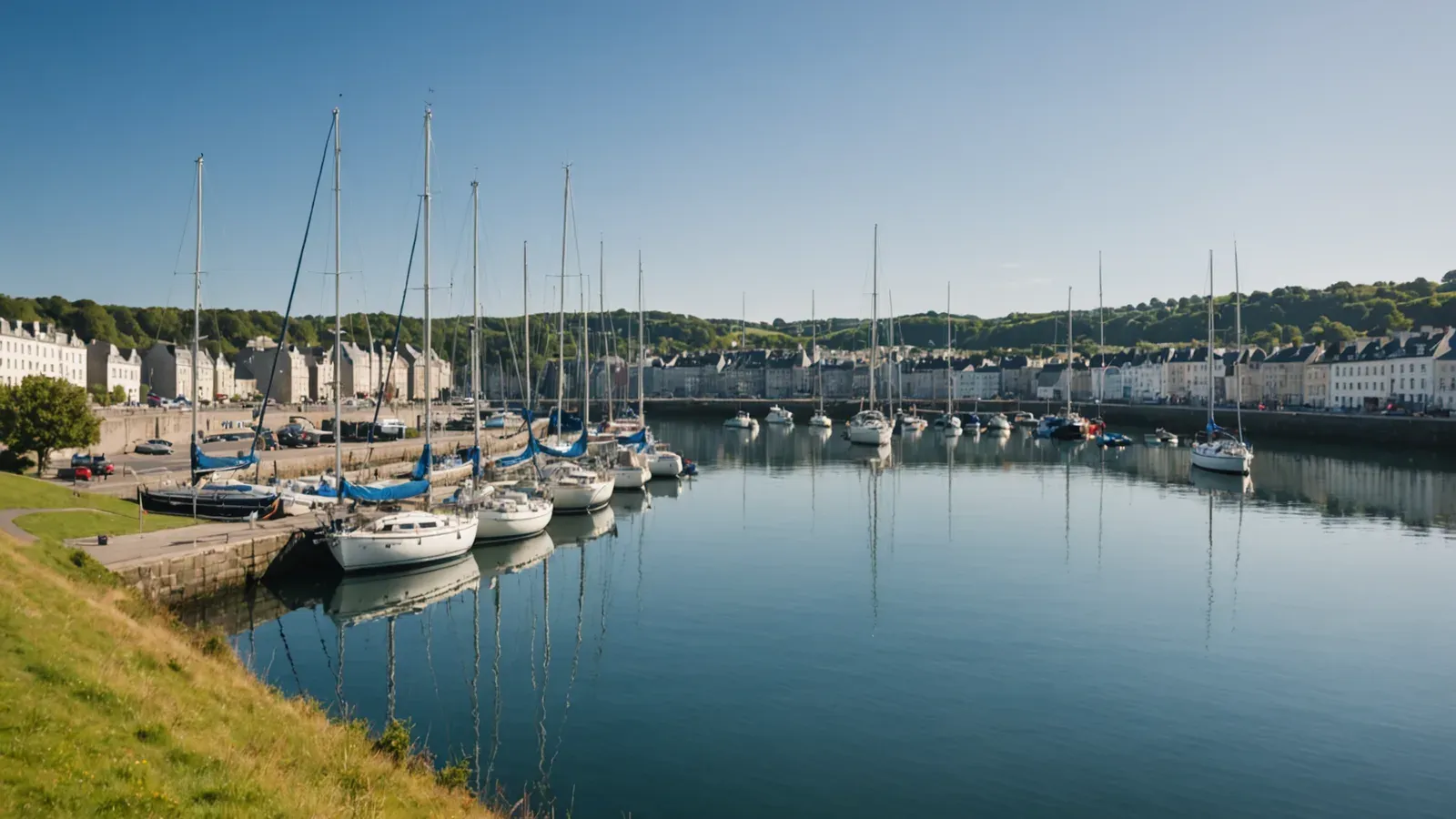 Port de Brest par un matin clair, voiliers amarrés le long des quais de granit, avec la rade et les collines au loin