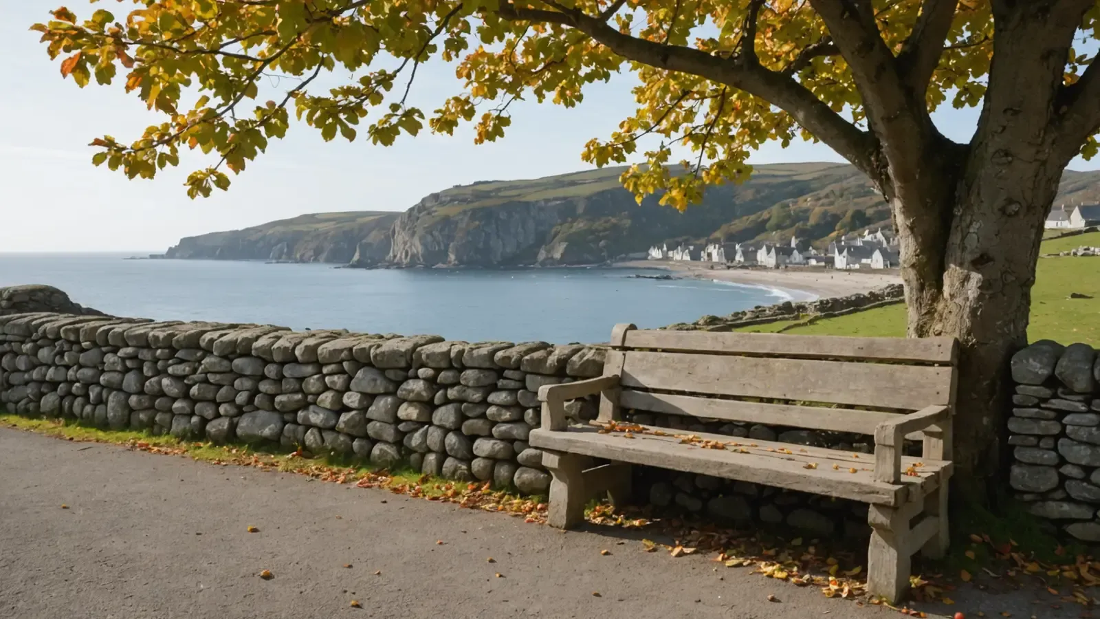Banc en bois patiné contre un muret de pierres sèches, sous un arbre aux feuilles d'automne, face à la mer sur la presqu'île de Crozon