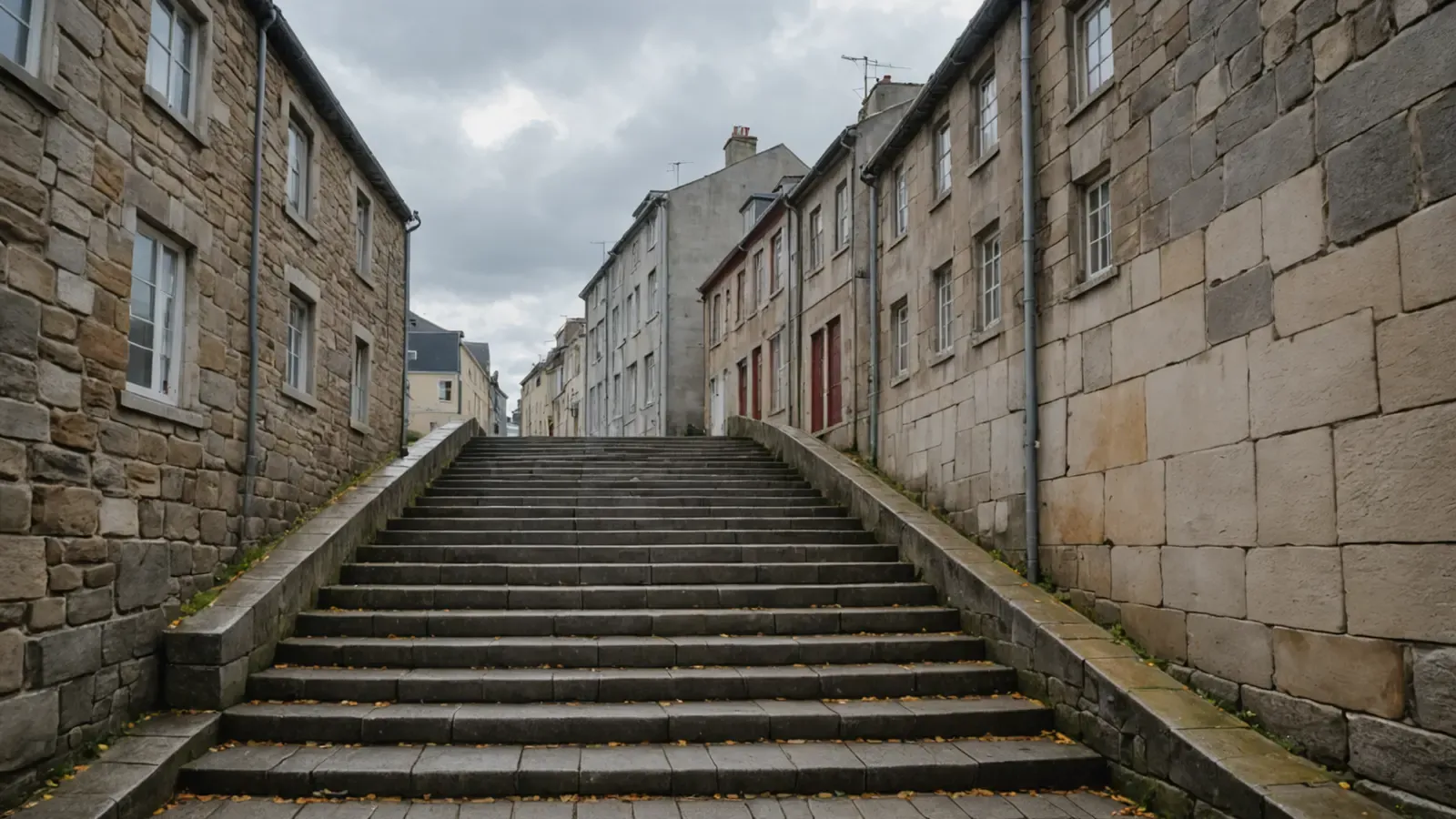 Escalier de granit entre des maisons de pierre dans une ruelle du quartier de Recouvrance à Brest, sous un ciel gris