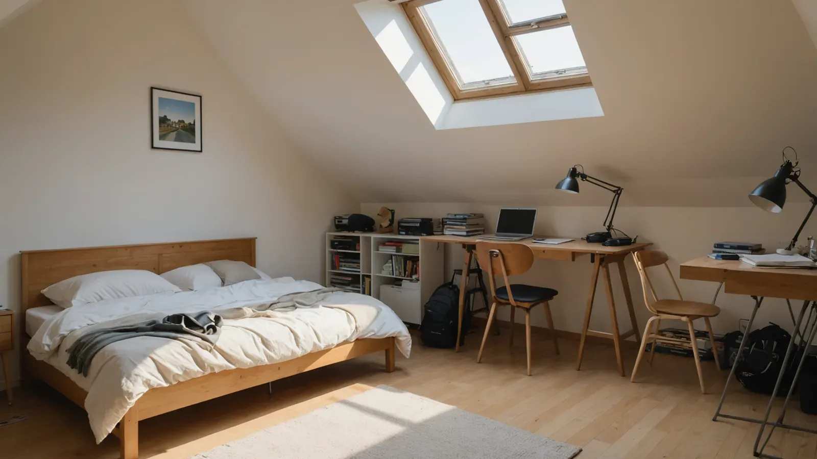 Chambre d'étudiant lumineuse sous les toits à Rennes, fenêtre de toit, lit défait et bureau en bois avec sa lampe