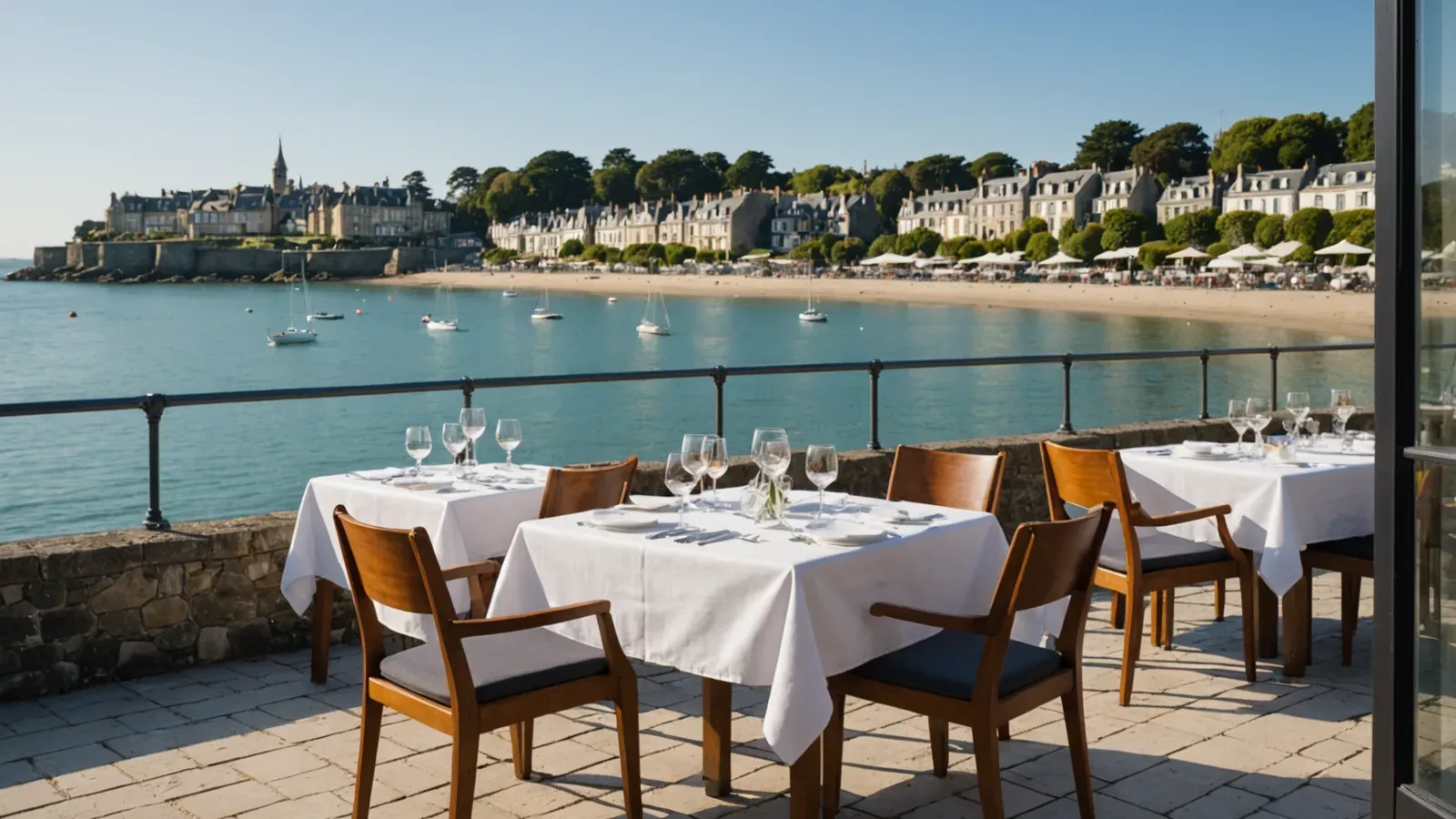 Terrasse d'un restaurant de bord de mer à Dinard, nappes blanches et verres en cristal face à la baie, en fin de matinée