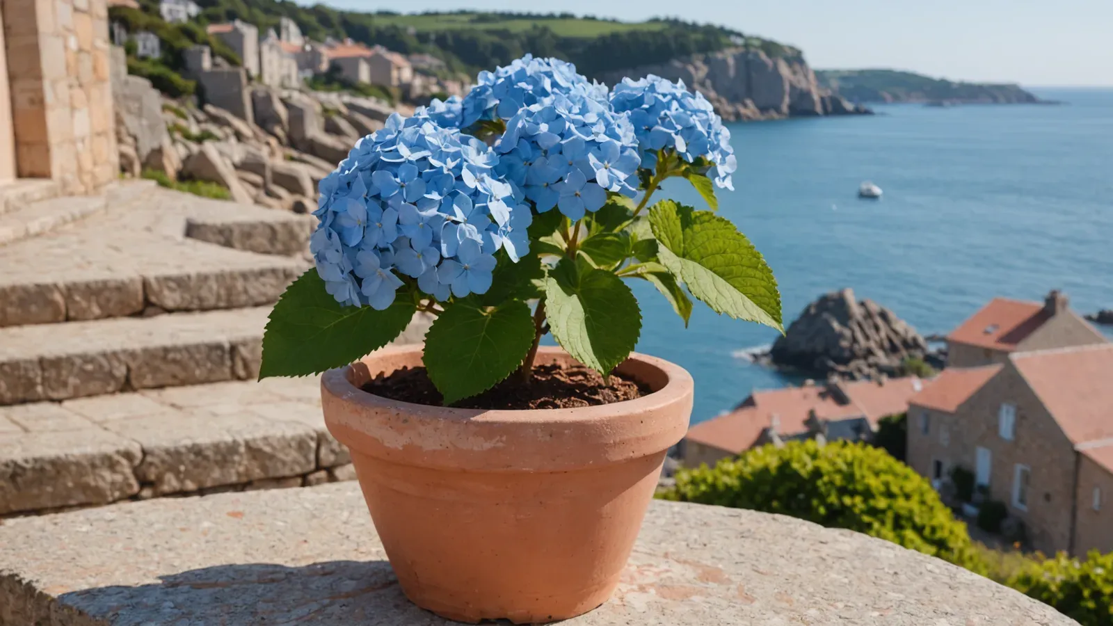 Hortensia bleu en pot de terre cuite sur une dalle de granit près de marches de pierre, face à la mer à Perros-Guirec