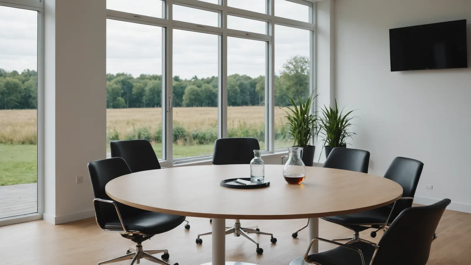 Table ronde en bois, carafes d'eau et chaises noires dans une salle de réunion calme d'un bureau moderne près de Brest