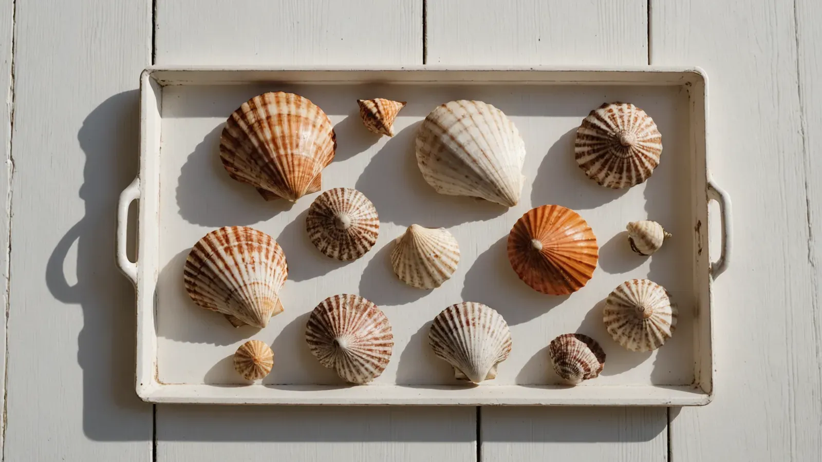 Coquillages de tailles variées disposés sur un plateau blanc à anses, posé sur un plancher peint en blanc, en lumière rasante