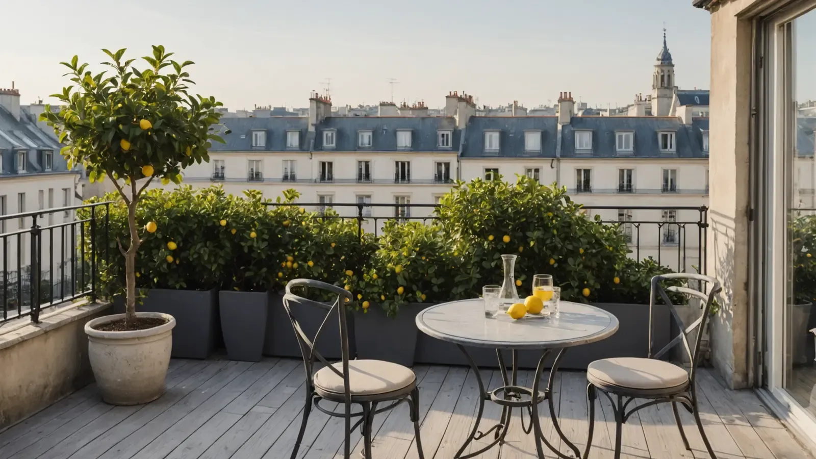 Table de bistrot et citronnier en pot sur une terrasse ensoleillée des toits de Paris, cheminées et zinc à perte de vue