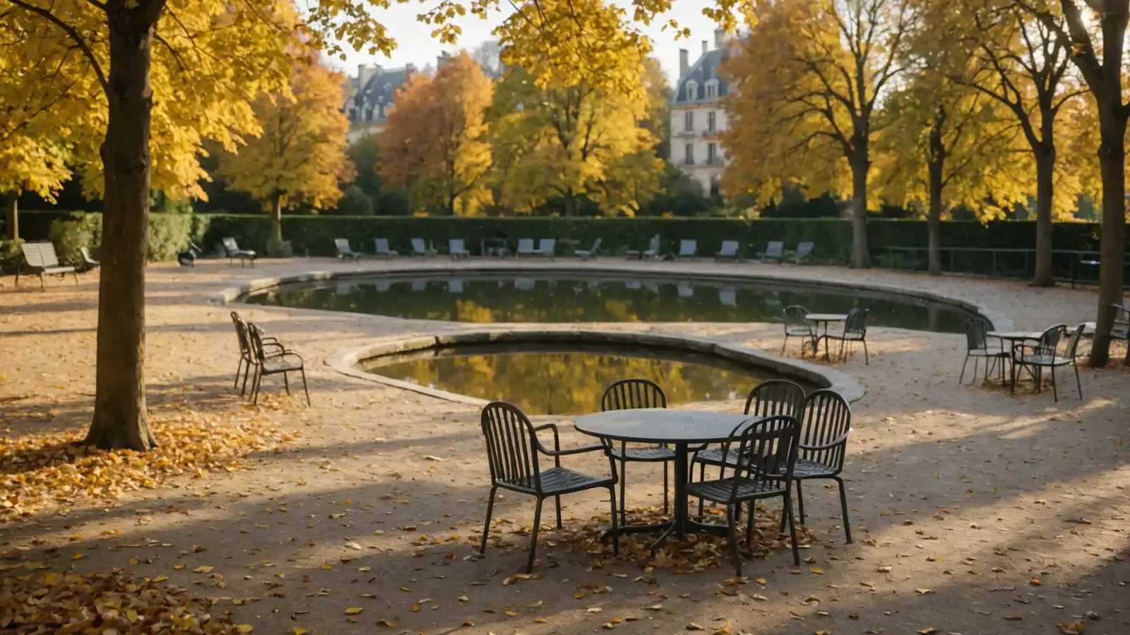 Table et chaises en métal gris près d'un bassin d'un jardin public parisien en automne, feuilles dorées sur le gravier