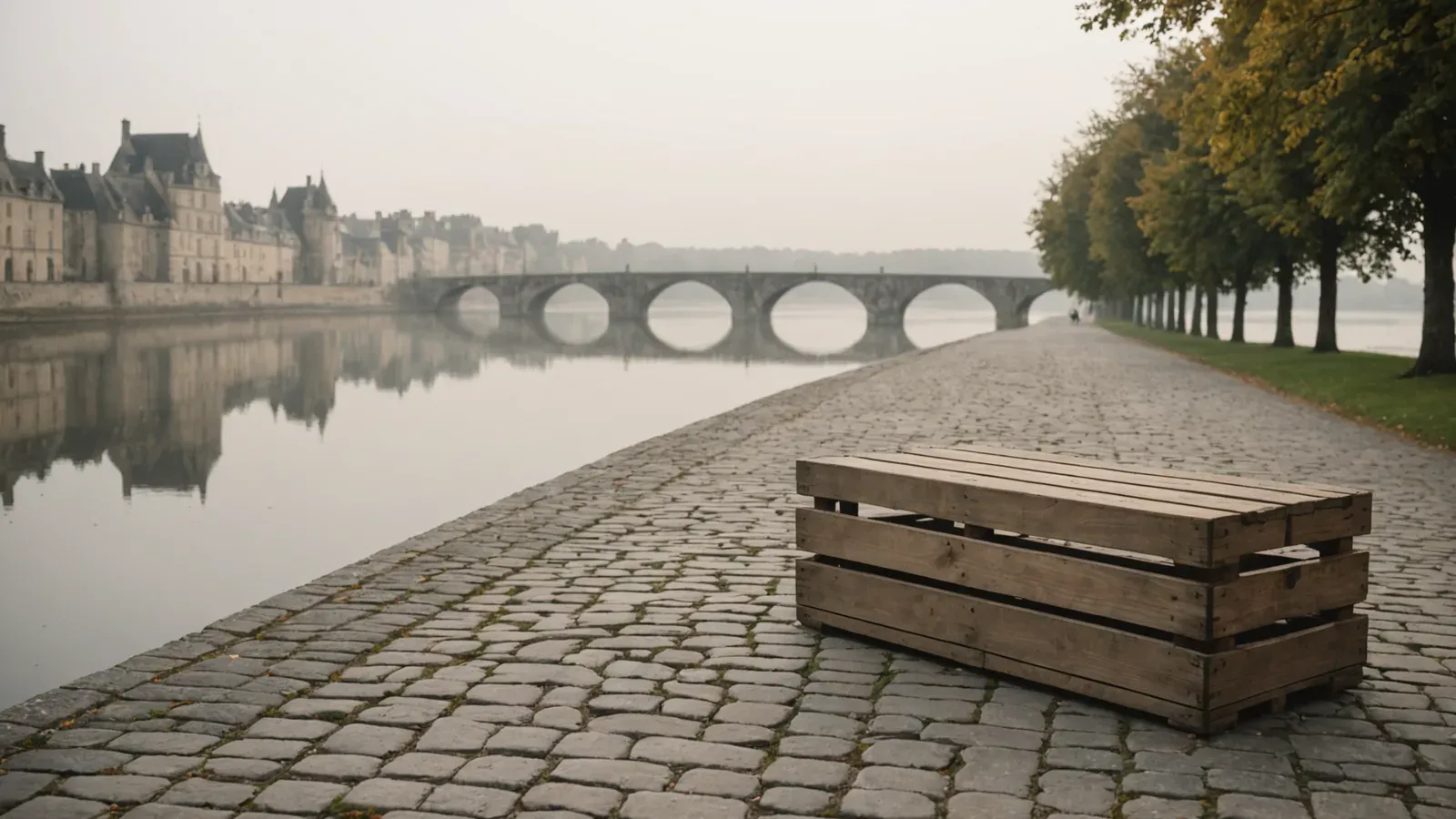 Cagette en bois vide oubliée sur un quai de pierre de la Loire à Orléans, au petit matin, pont de pierre dans la brume
