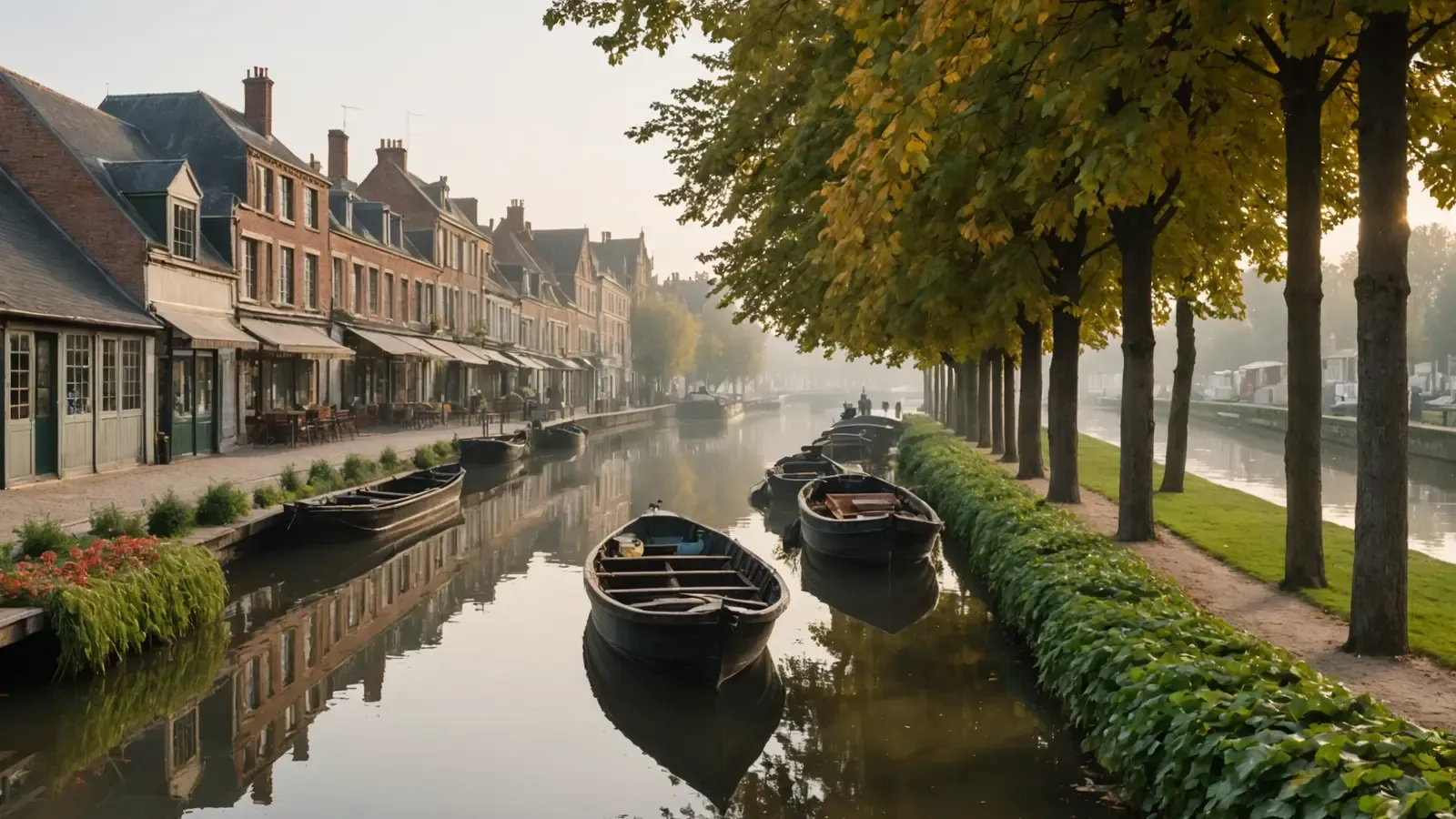 Canal des hortillonnages d'Amiens à l'aube, barques à fond plat amarrées, maisons de brique et rangée d'arbres dans la brume