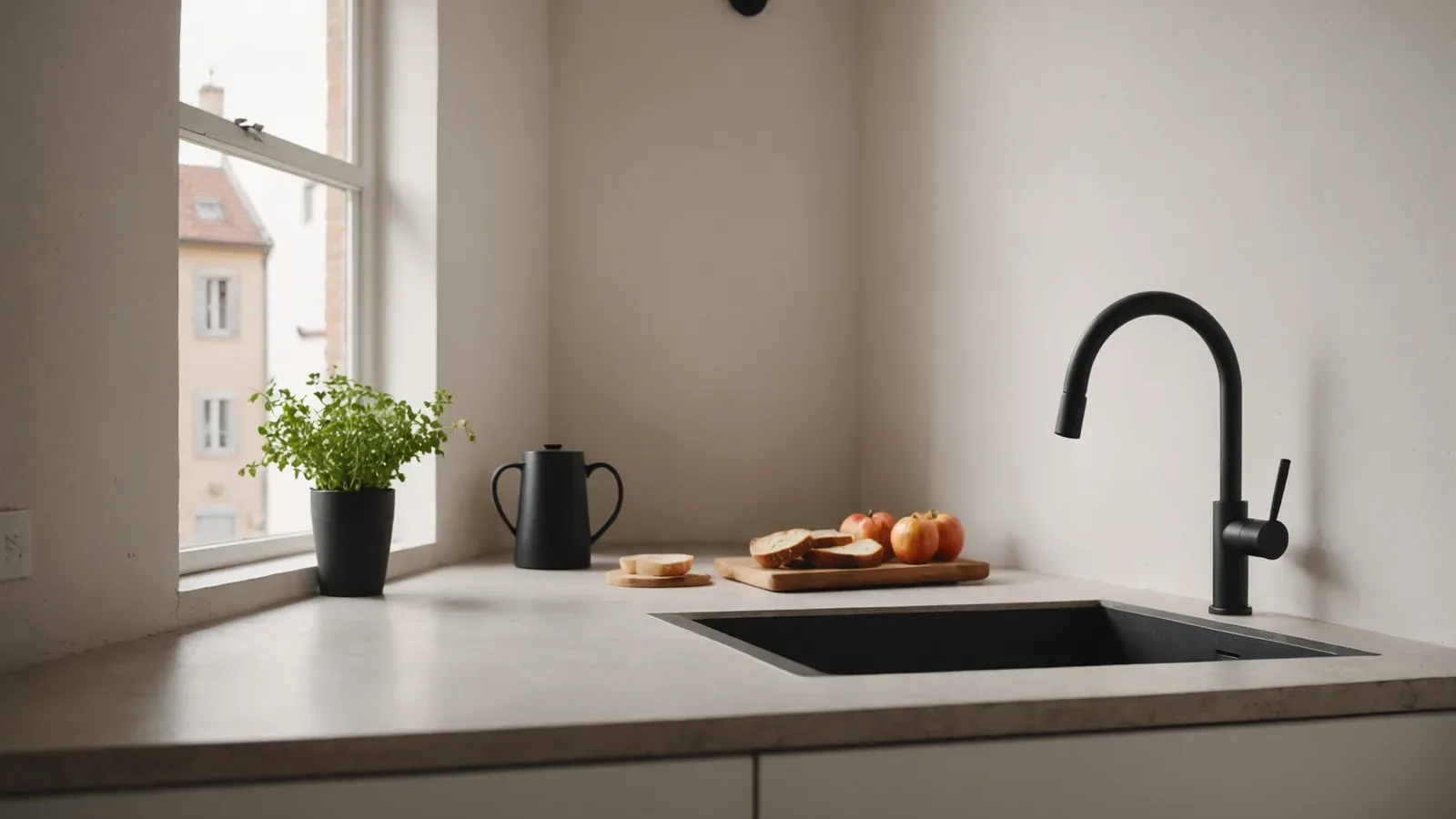 Cuisine minimaliste d'un appartement strasbourgeois, robinet noir mat et évier noir sur un plan en béton clair