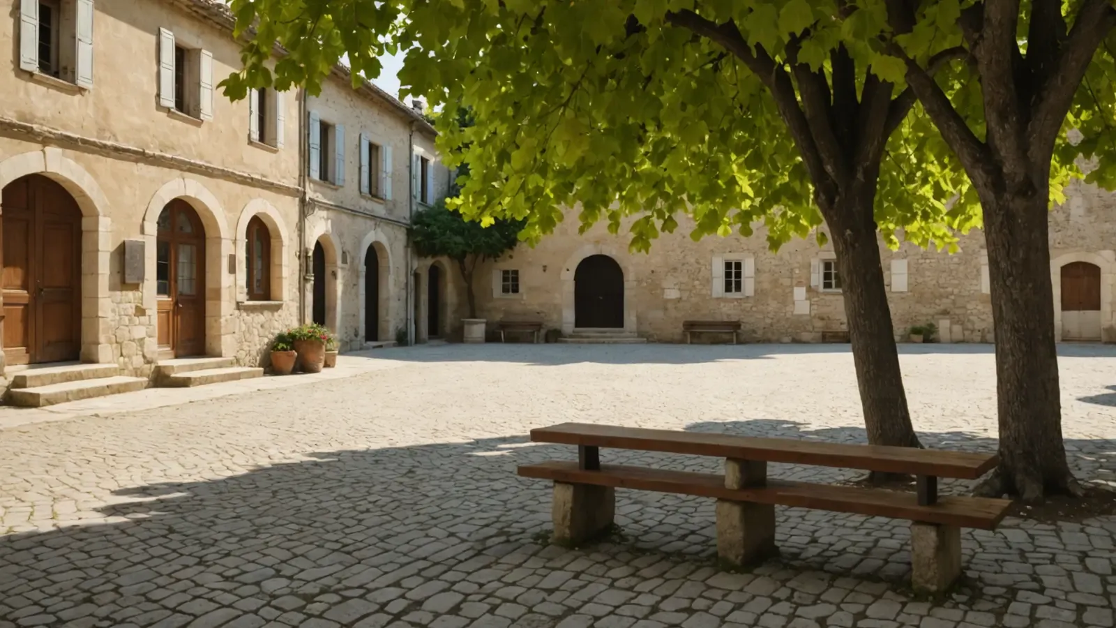 Place d'un village de la Drôme en fin de matinée, banc en bois à l'ombre d'un platane et façades de pierre