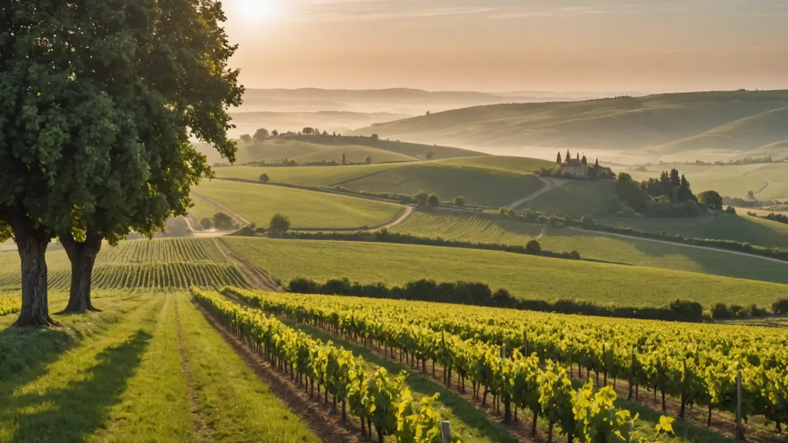 Coteaux de vignes du Beaujolais au lever du soleil, brume dans les vallons et deux arbres au bord d'un chemin