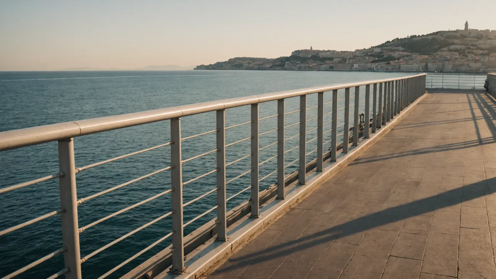 Garde-corps d'une jetée face à la mer scintillante au matin, la ville de Marseille et ses collines à l'horizon