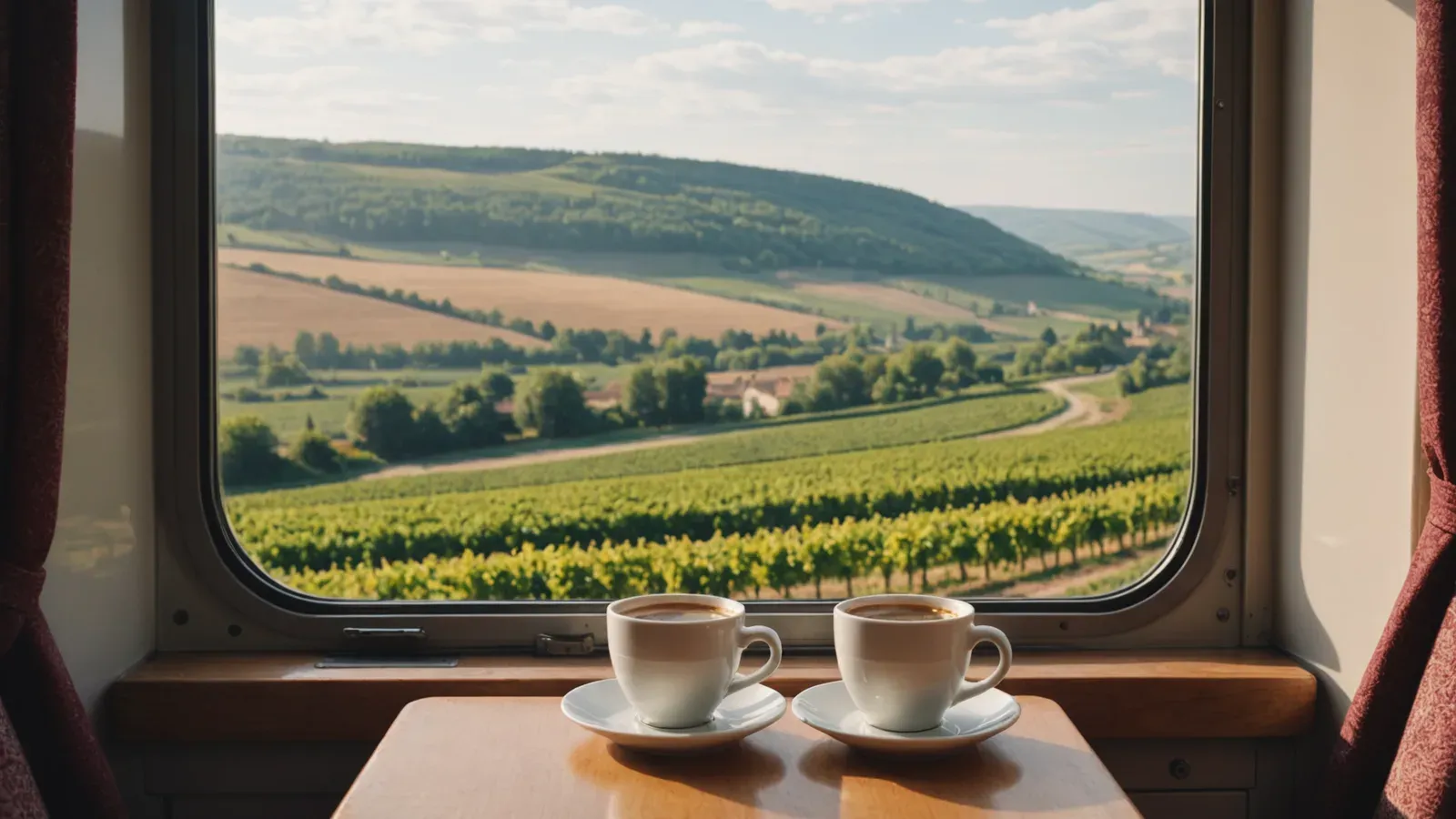 Siège côté fenêtre d'un train traversant la campagne bourguignonne au matin, deux tasses de café sur la tablette