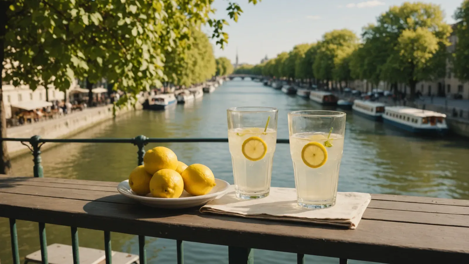 Deux verres de citronnade sur la table d'un balcon dominant la Seine à Boulogne-Billancourt, un après-midi d'été