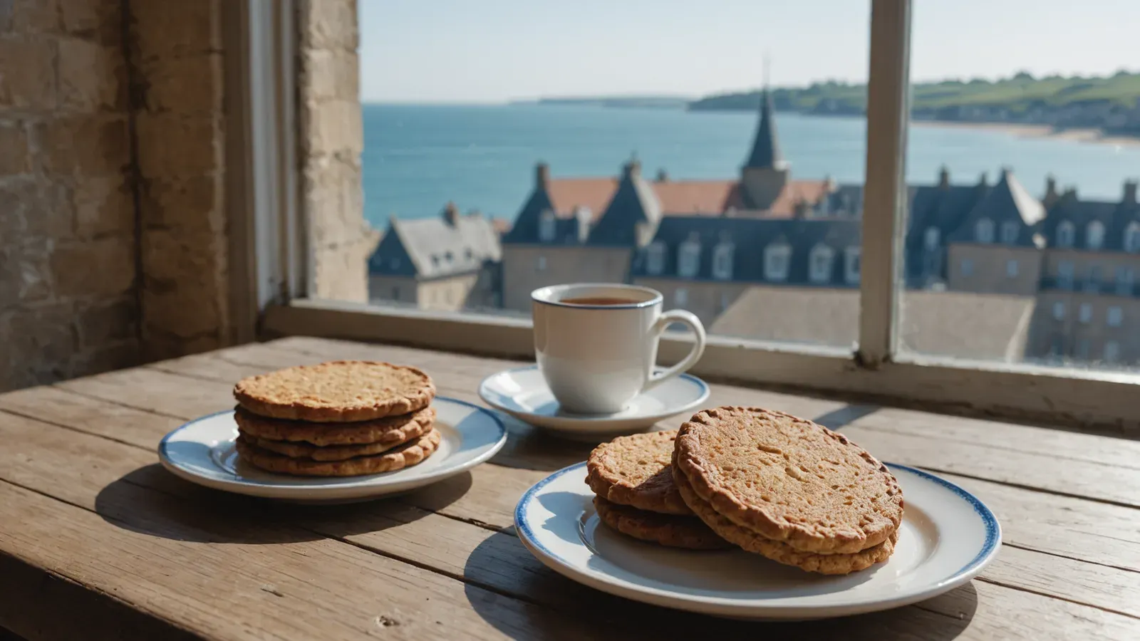 Tasse de thé et deux assiettes de galettes sur une table en bois près d'une fenêtre à Saint-Malo, toits et mer au loin