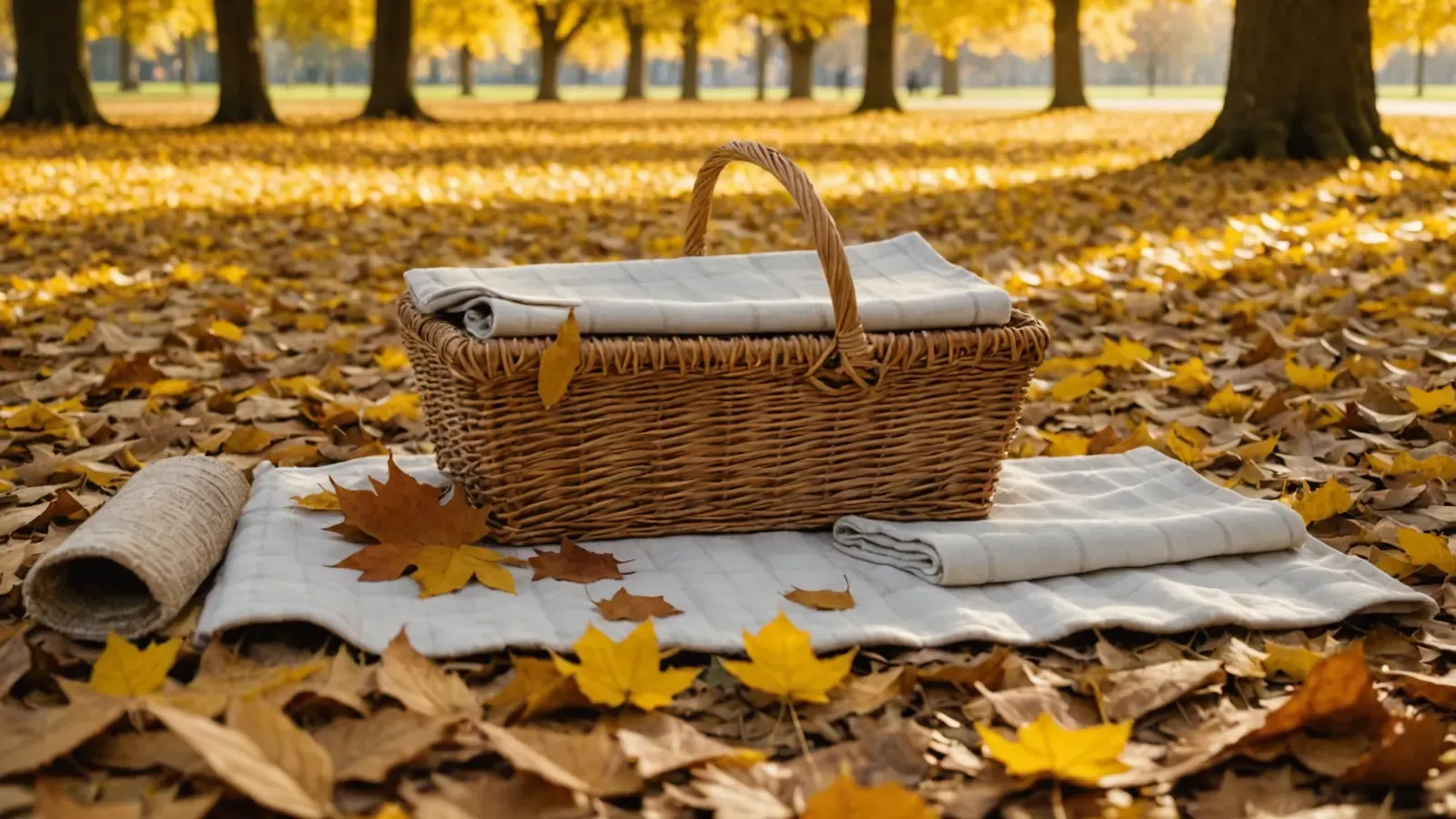 Couverture de pique-nique, panier en osier et serviettes pliées sur un tapis de feuilles dorées dans un parc de Dijon