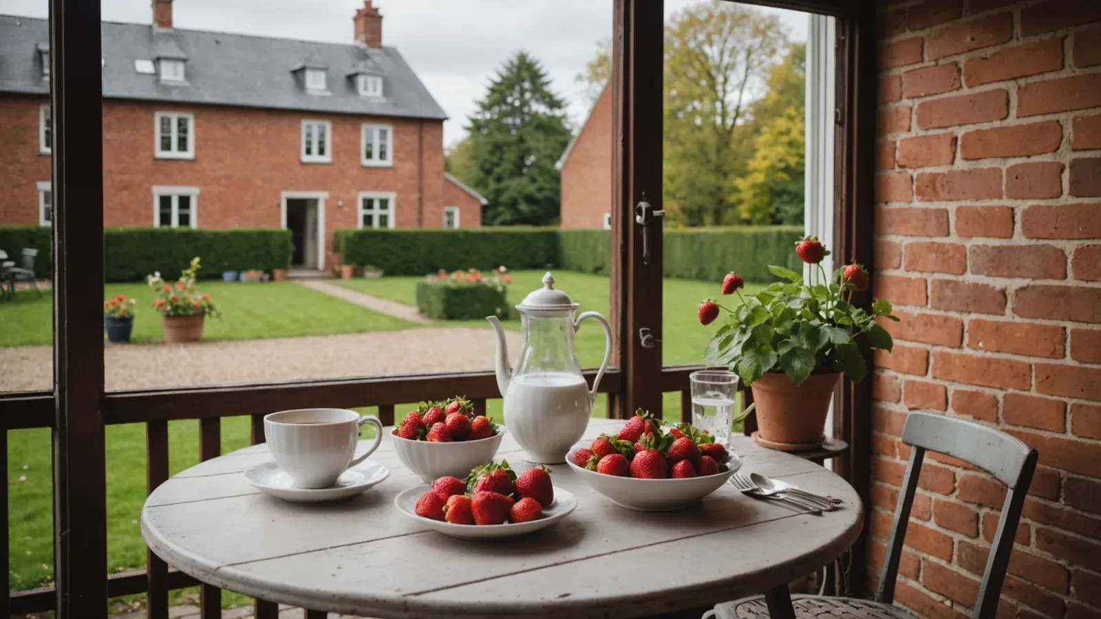 Table ronde sur la véranda d'une maison de briques près de Lille, pichet, tasse et coupes de fraises, par un jour clair