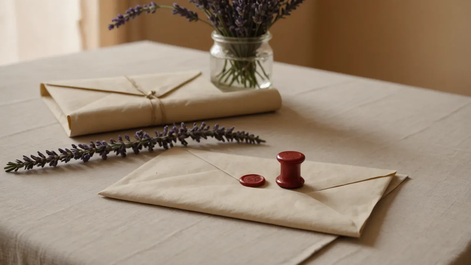 Enveloppe crème fermée d'un cachet de cire rouge sur une nappe en lin, près d'un brin de lavande, dans un appartement d'Arles