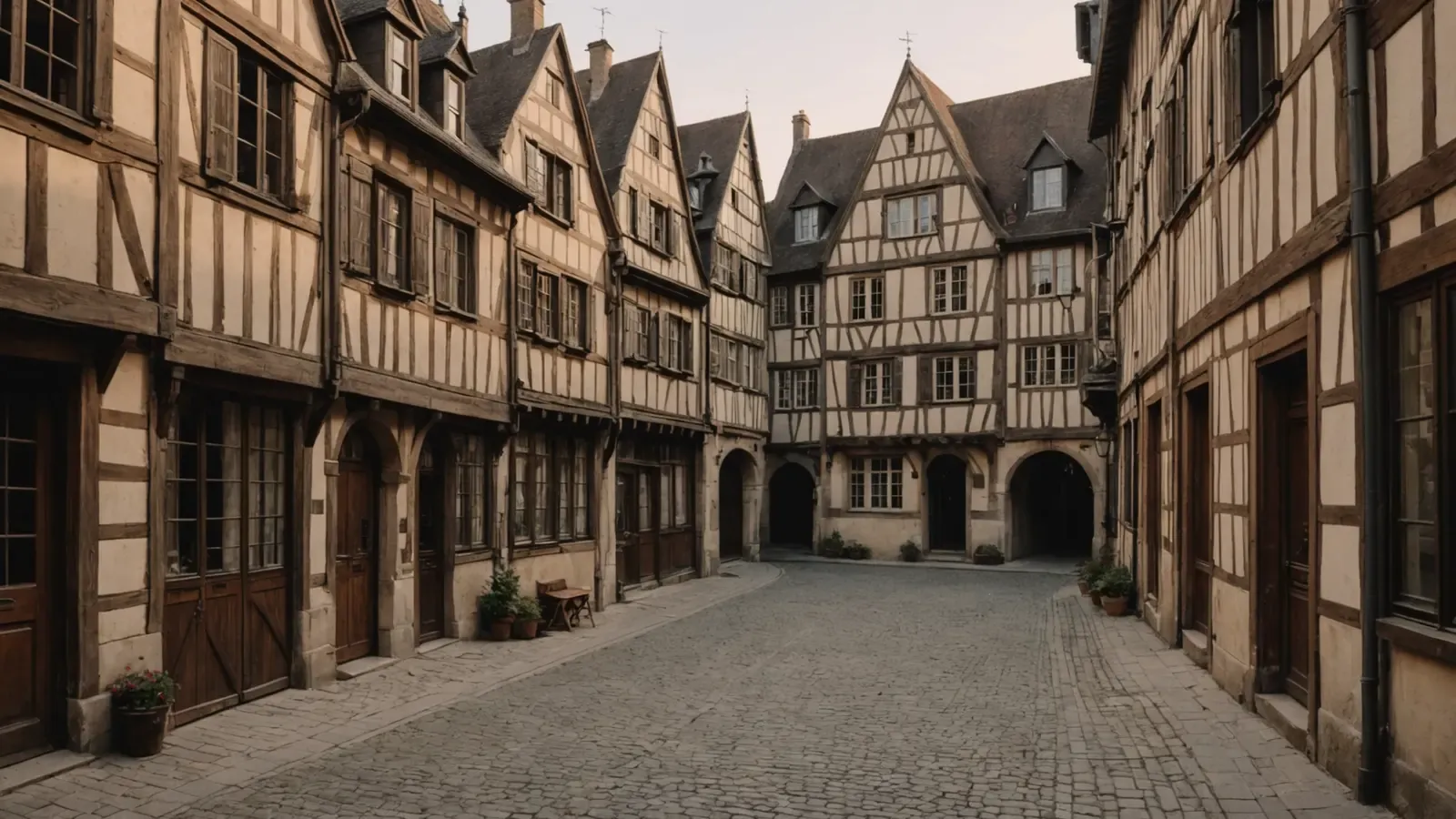 Cour pavée du vieux Rouen au petit matin, maisons à pans de bois et volets en bois entrouverts à l'étage