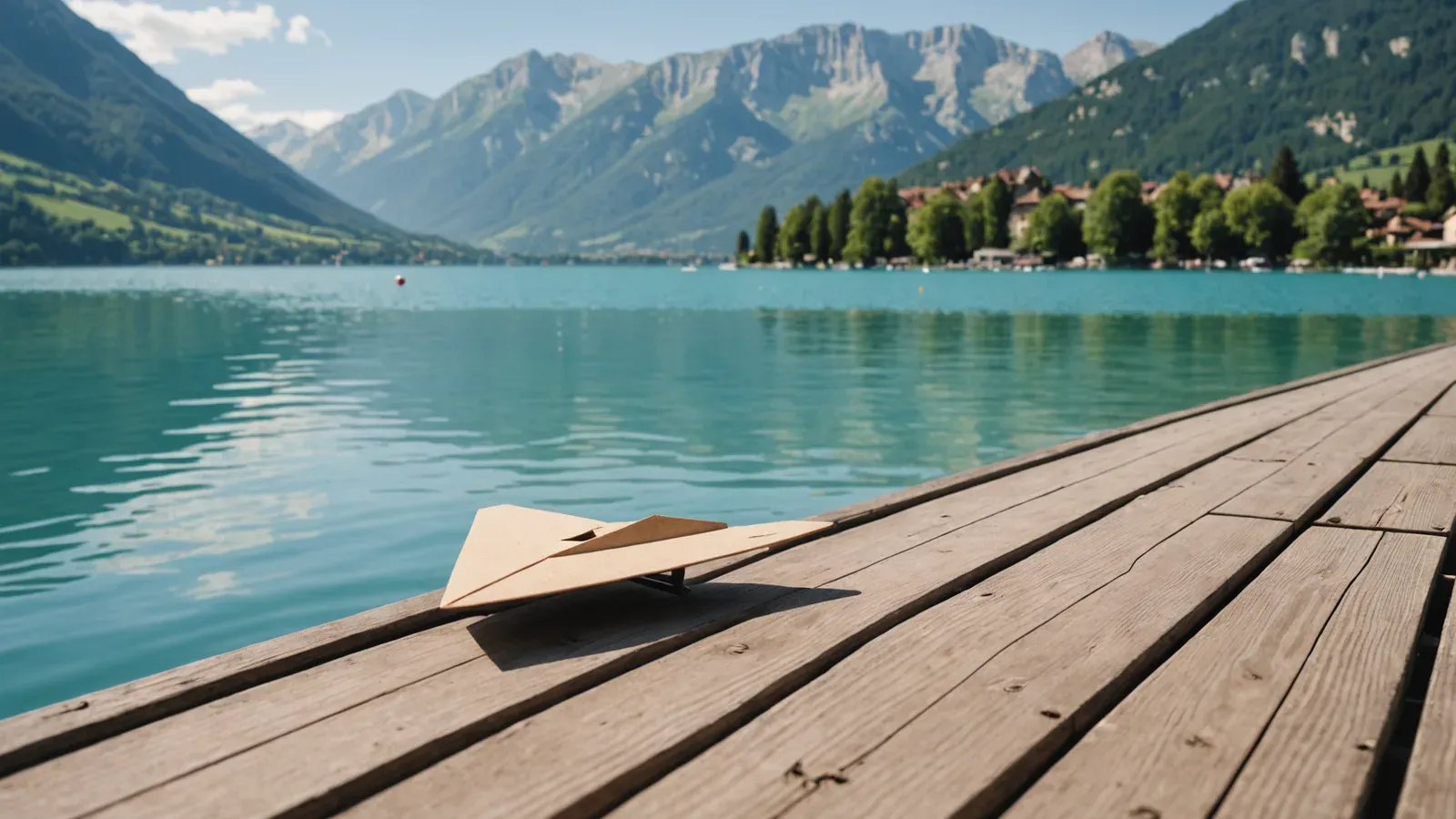 Avion en papier posé sur les planches d'un ponton du lac d'Annecy, eau turquoise et montagnes en arrière-plan