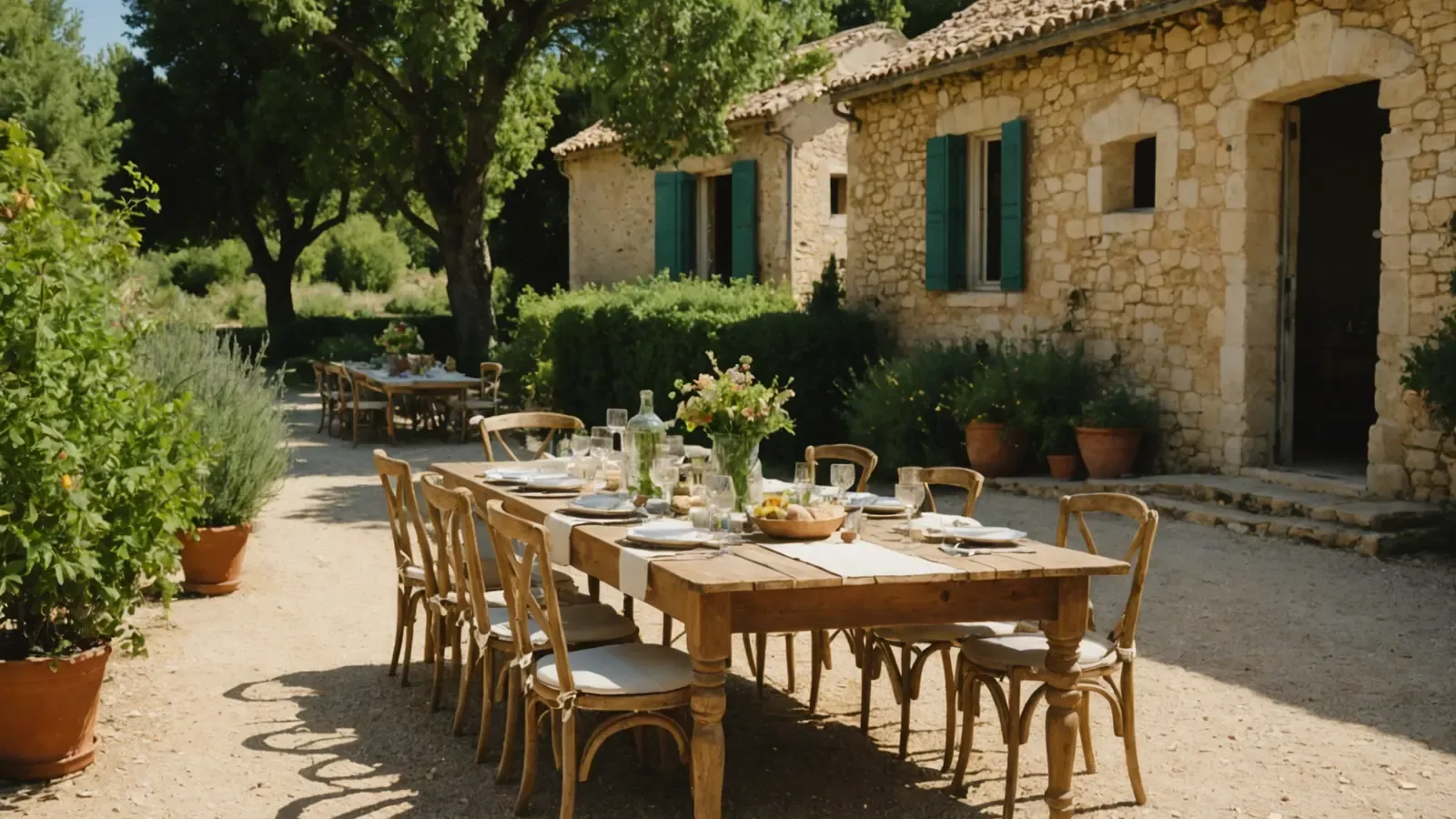 Longue table en bois dressée pour un déjeuner à l'ombre du jardin d'un mas provençal près d'Avignon, bouquet et carafes