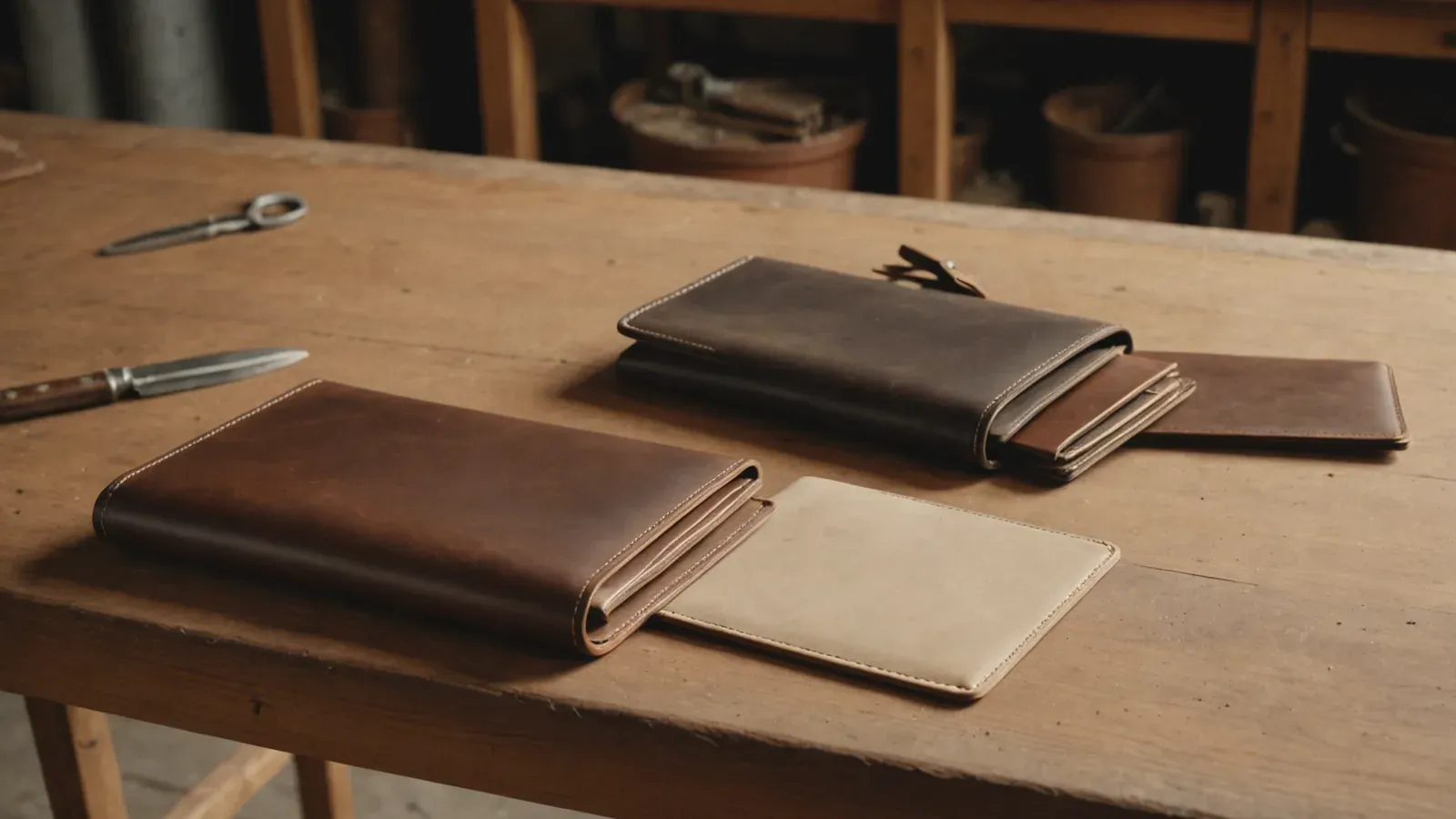 Portefeuilles en cuir unis, brun, gris et beige, sur l'établi en bois d'un atelier de maroquinerie à Millau, outils à côté