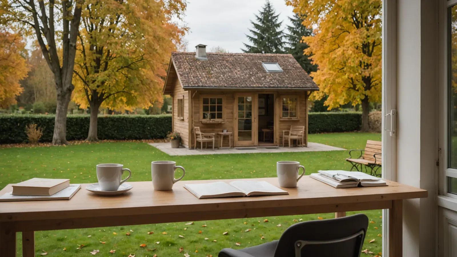 Table en bois avec des tasses et des livres face à un jardin d'automne, petite cabane en bois au fond, près de Tours