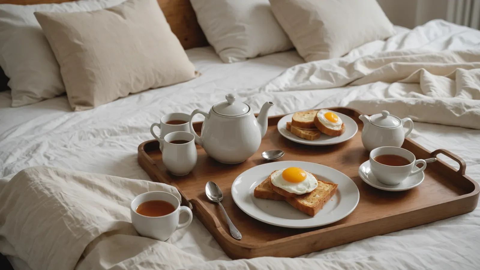 Plateau de petit-déjeuner sur un grand lit aux draps de lin, théière, tasses de thé et tartines, dans une chambre d'Angers