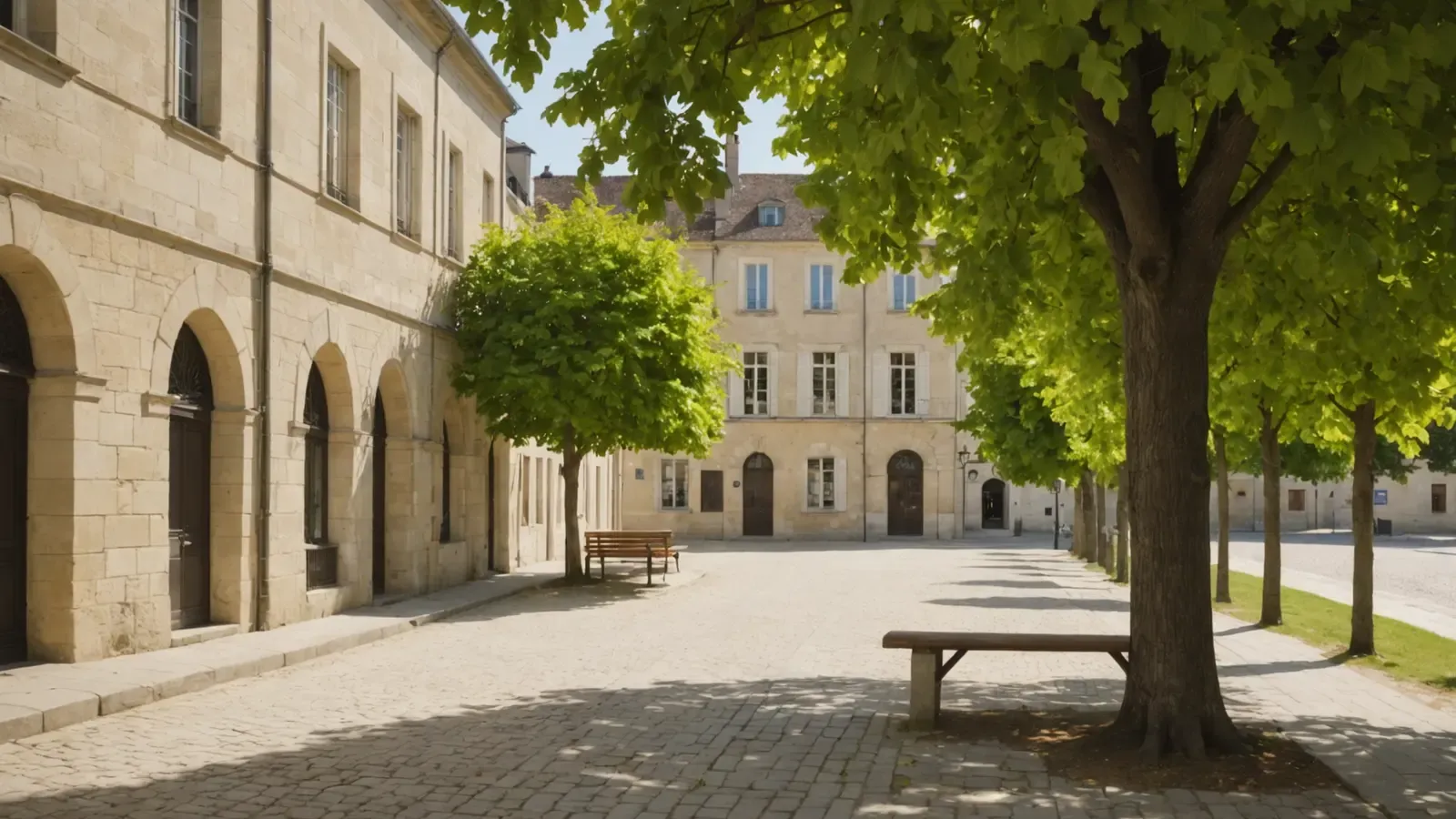 Petite place ensoleillée de Poitiers, banc en bois sous un grand arbre et façades de pierre claire, en milieu de matinée