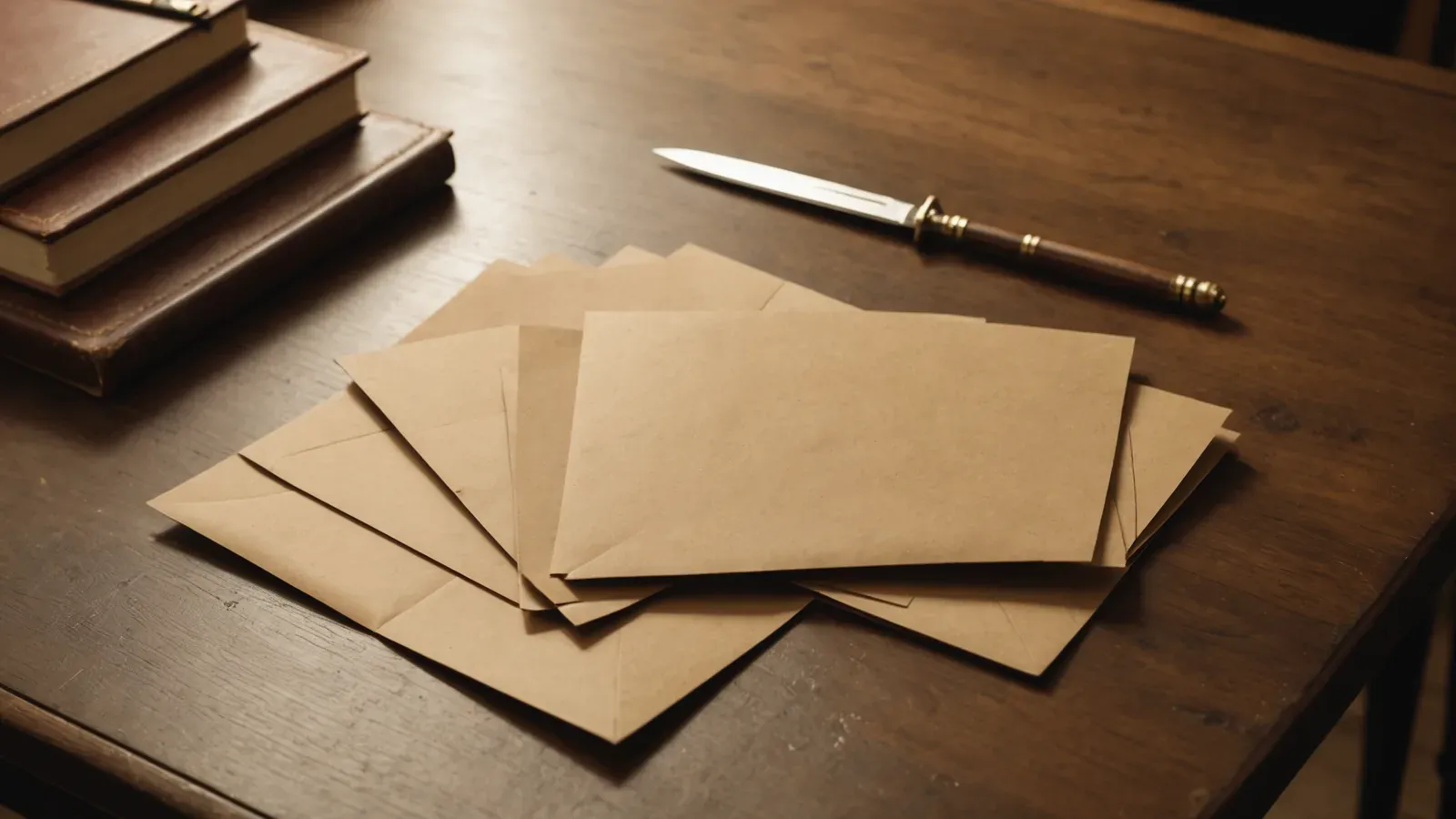 Enveloppes kraft vierges en éventail et coupe-papier à manche de bois sur une table ancienne d'un bureau de Limoges