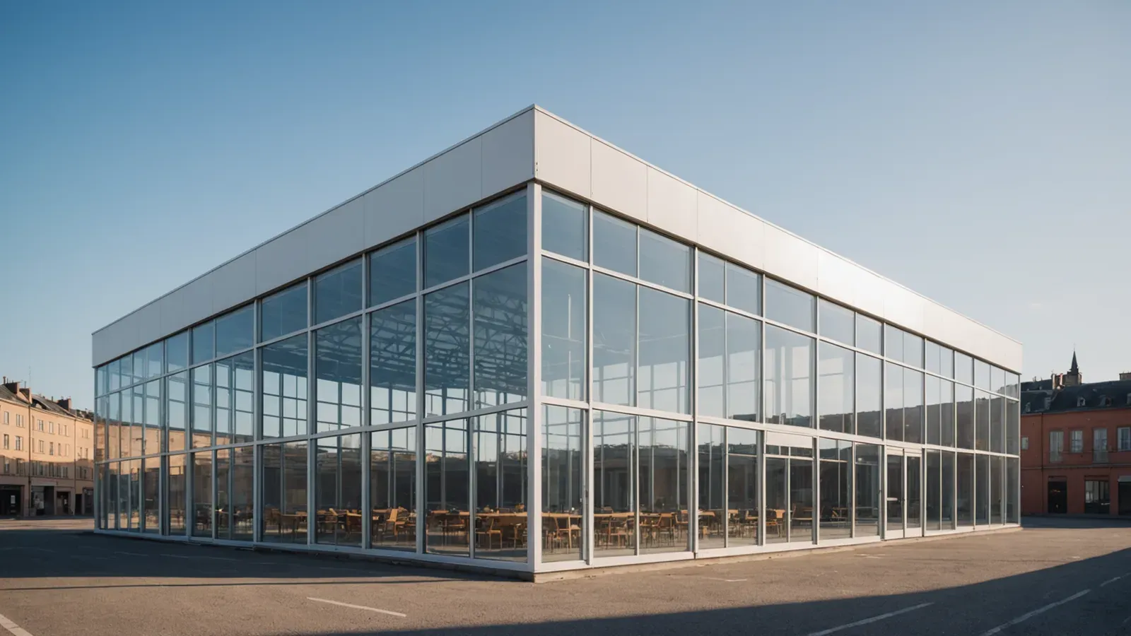 Pavillon de verre à structure d'acier blanc dans un ancien quartier d'usines rénové de Saint-Étienne, sous un ciel clair
