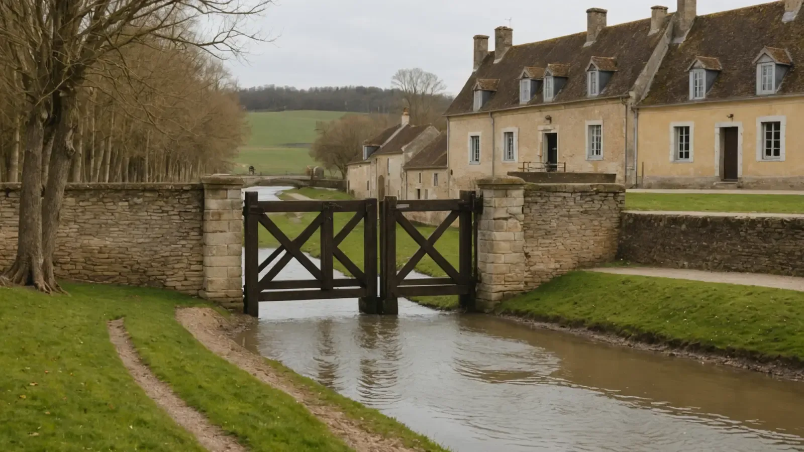 Portes en bois d'une vanne entre deux piles de pierre sur un petit canal de la campagne champenoise, arbres encore nus
