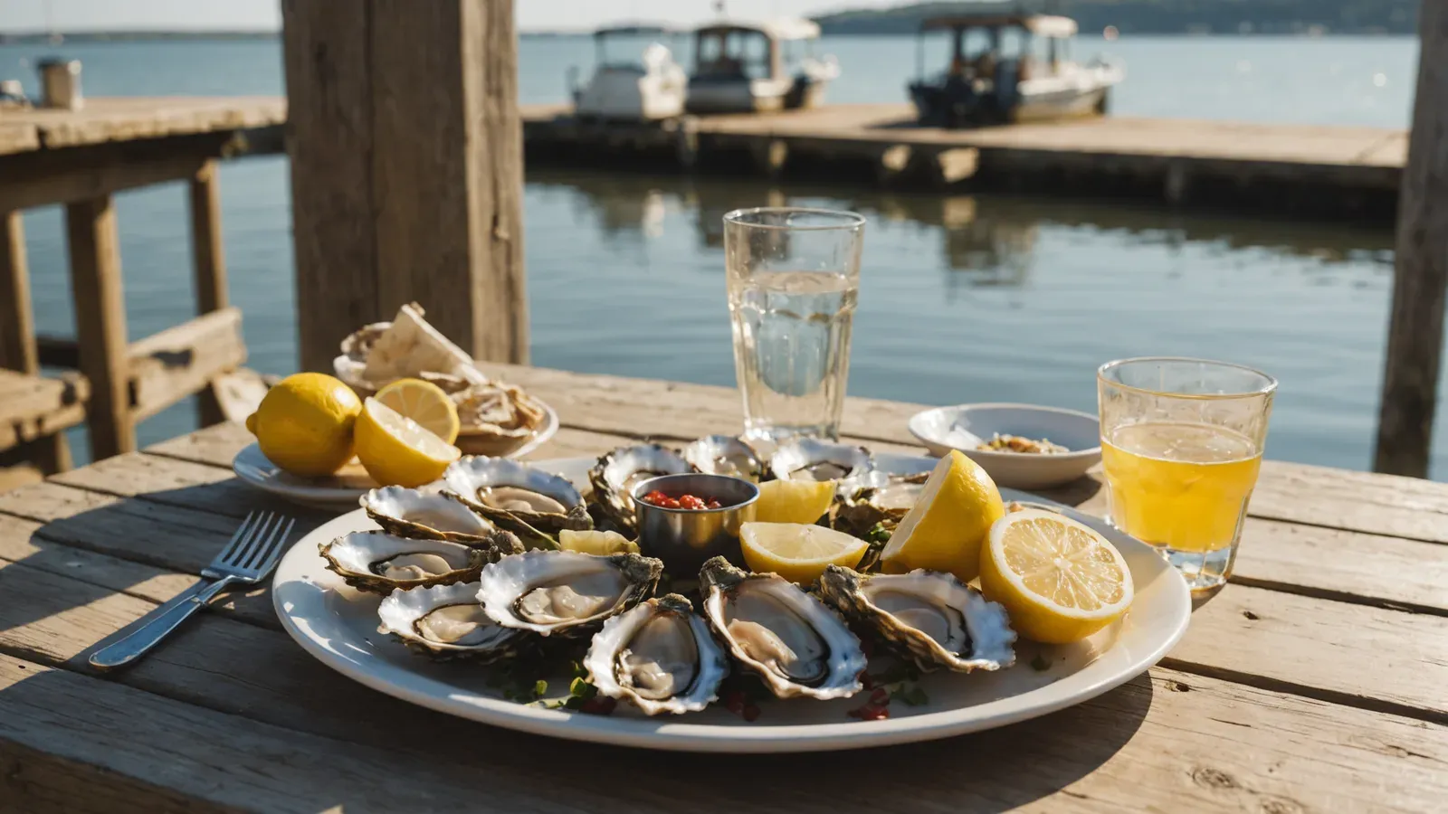 Plateau d'huîtres, citrons et deux verres sur la table d'une cabane ostréicole du bassin d'Arcachon, au soleil