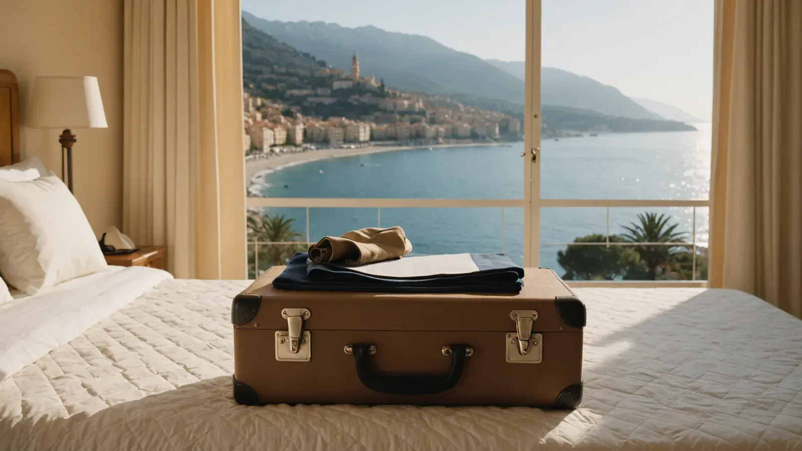 Valise en cuir fermée sur le lit d'une chambre d'hôtel à Menton, fenêtre ouverte sur la mer et la côte au loin
