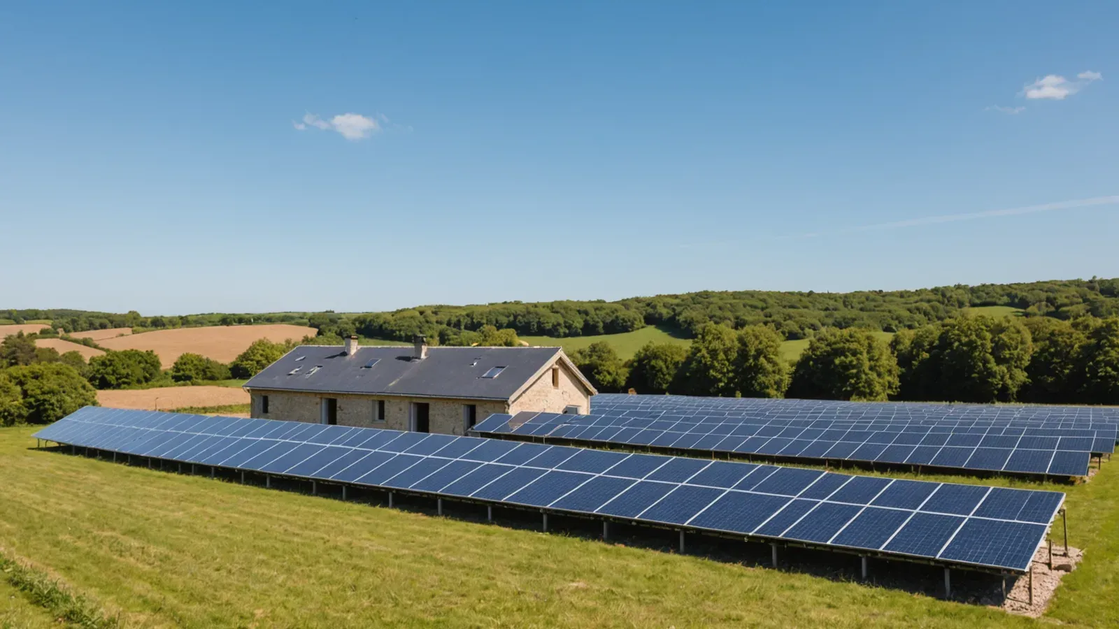 Panneaux solaires alignés dans un pré près d'une longère en pierre de la campagne vendéenne, sous un ciel bleu