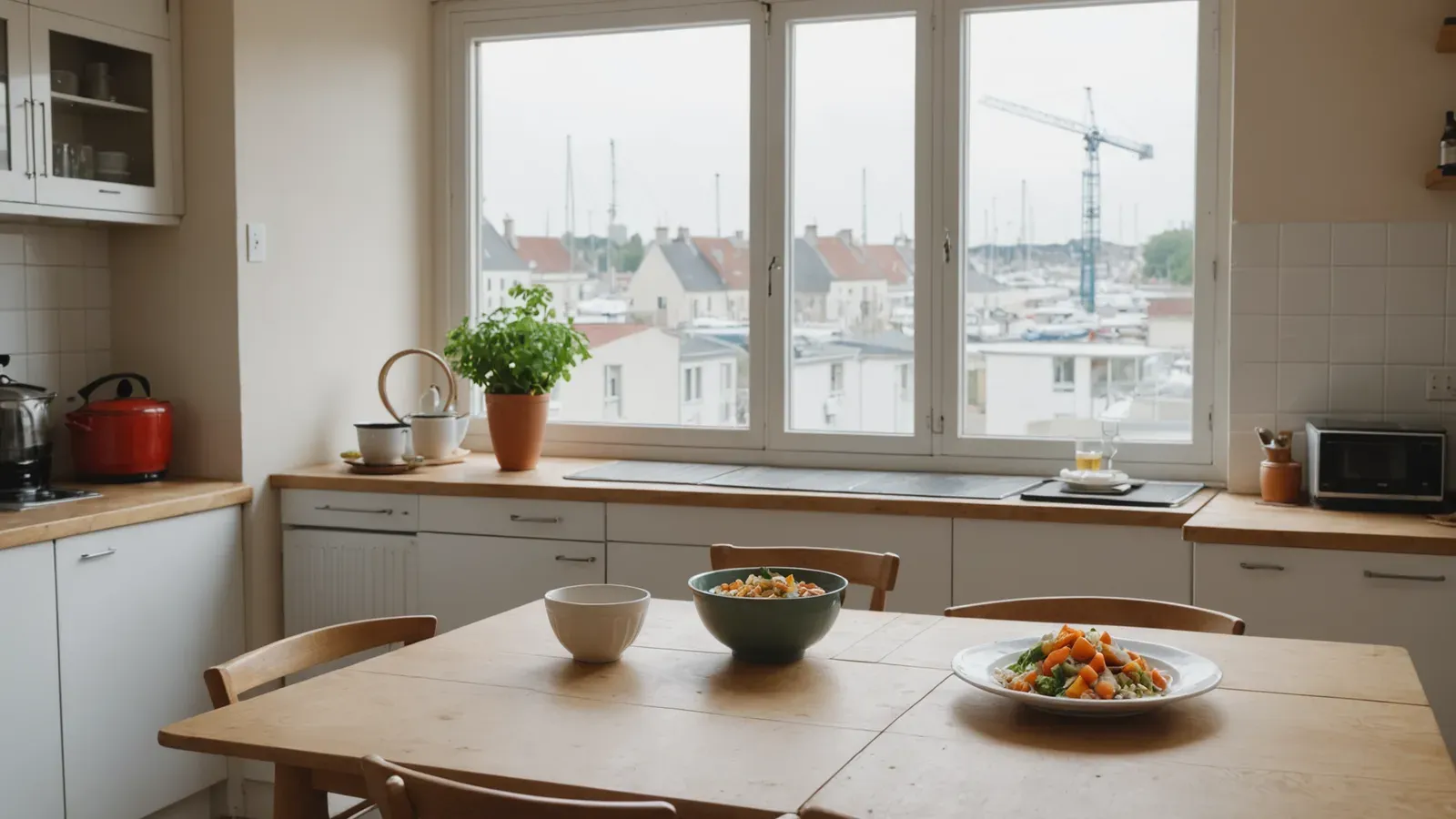 Table de cuisine d'un appartement simple et lumineux à Saint-Nazaire, deux bols et une assiette, grue du port par la fenêtre