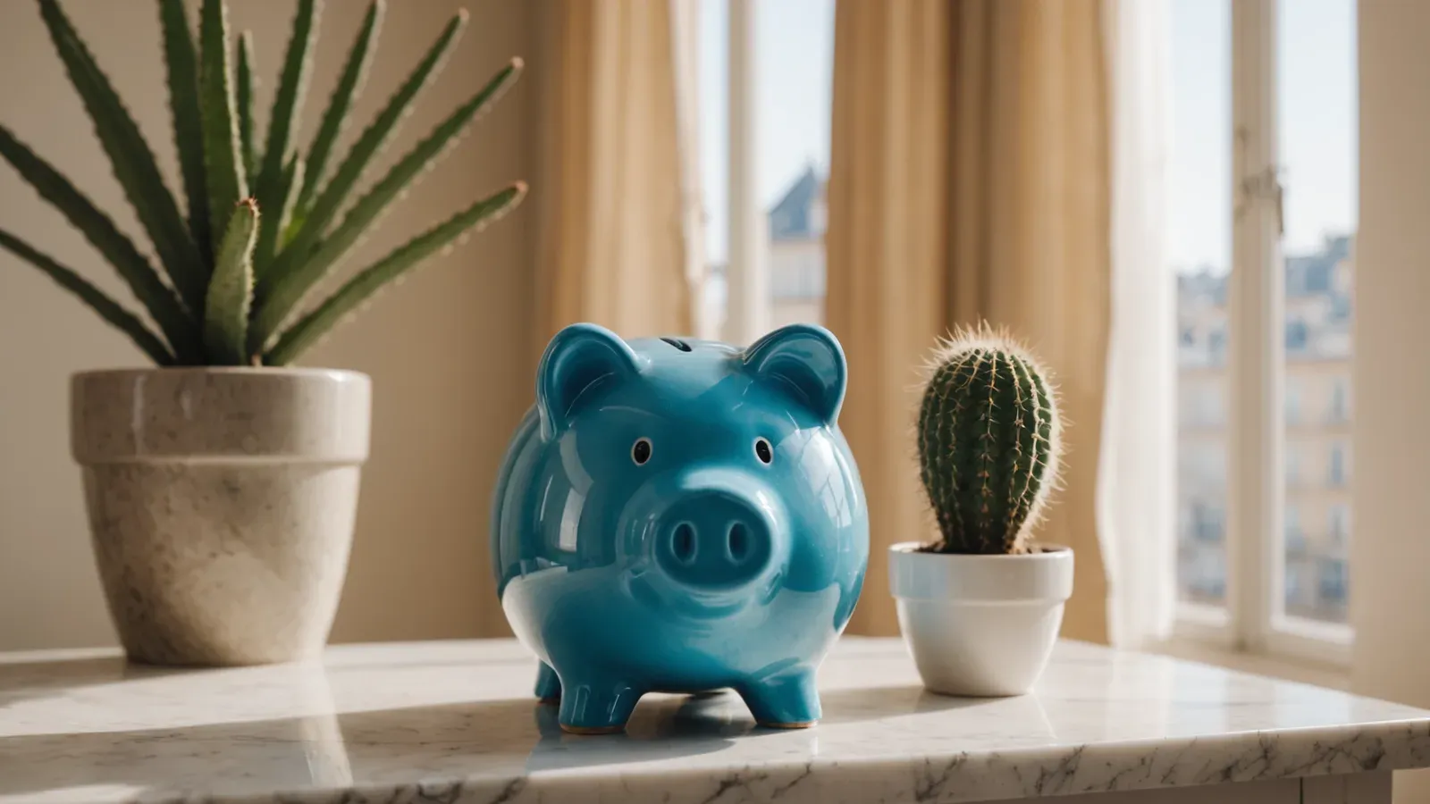 Tirelire en céramique bleue sur un plateau de marbre dans un appartement lumineux de Reims, entre un aloès et un petit cactus